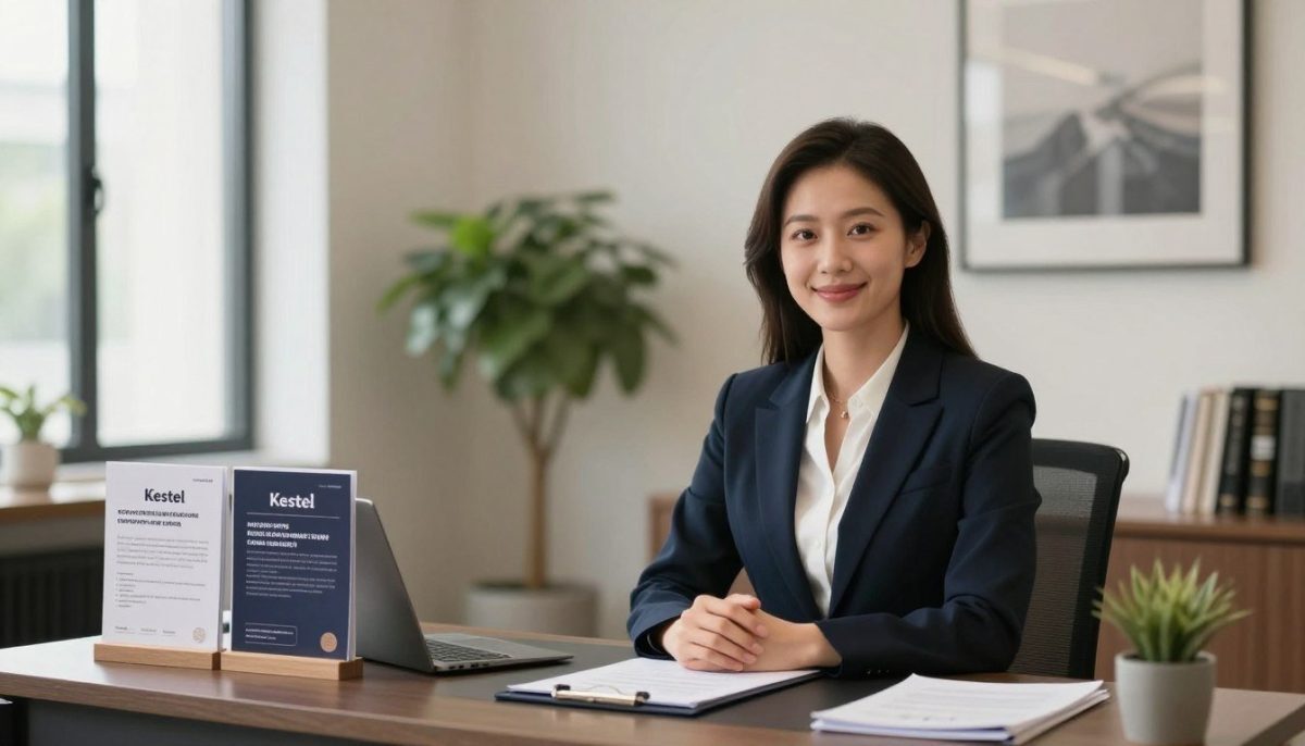 A serene office environment in Kestel, showcasing a professional escort agency setting. In the foreground, a confident woman dressed in smart business attire sits at a sleek desk with a welcoming smile, presenting a supportive and inviting demeanor. She is surrounded by elegant decor, including tasteful art on the walls and a plant, enhancing the atmosphere. The middle ground features a display of well-organized brochures about the escort services, highlighting safety and enjoyment. In the background, large windows allow soft, natural light to pour in, creating a warm and pleasant ambiance. The focus is on professionalism and safety in the escort industry, with an overall mood of trust and comfort. The scene is captured with a slight depth of field, ensuring the subject remains the focal point.