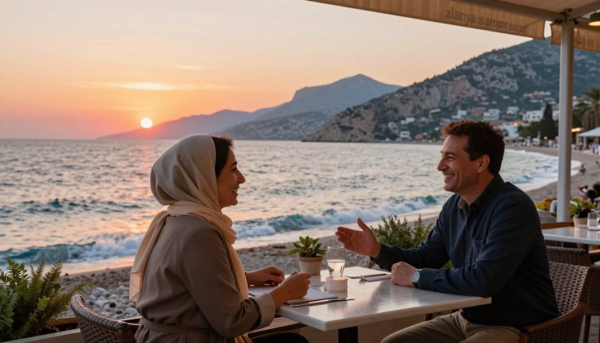 A serene outdoor setting in Alanya, showcasing a beautiful beachfront café during golden hour. In the foreground, a modestly dressed woman with a headscarf, embodying warmth and professionalism, shares a joyful conversation with a smiling gentleman, both seated at a small table with a beautiful sunset backdrop. The middle layer features a picturesque view of the Mediterranean Sea, with gentle waves reflecting the sunset's hues of orange and pink. In the background, Alanya’s iconic cliffs rise majestically, bathed in the soft light of the evening. The scene conveys an atmosphere of intimacy and quality time spent together. The image should have soft, natural lighting, enhancing the emotional connection of the moment, and is to be depicted through a warm color palette. Include a subtle branding element for "alanya sarışın escort" in the café décor, ensuring it blends seamlessly with the serene environment. A serene outdoor setting in Alanya, showcasing a beautiful beachfront café during golden hour. In the foreground, a modestly dressed woman with a headscarf, embodying warmth and professionalism, shares a joyful conversation with a smiling gentleman, both seated at a small table with a beautiful sunset backdrop. The middle layer features a picturesque view of the Mediterranean Sea, with gentle waves reflecting the sunset's hues of orange and pink. In the background, Alanya’s iconic cliffs rise majestically, bathed in the soft light of the evening. The scene conveys an atmosphere of intimacy and quality time spent together. The image should have soft, natural lighting, enhancing the emotional connection of the moment, and is to be depicted through a warm color palette. Include a subtle branding element for "alanya sarışın escort" in the café décor, ensuring it blends seamlessly with the serene environment.
