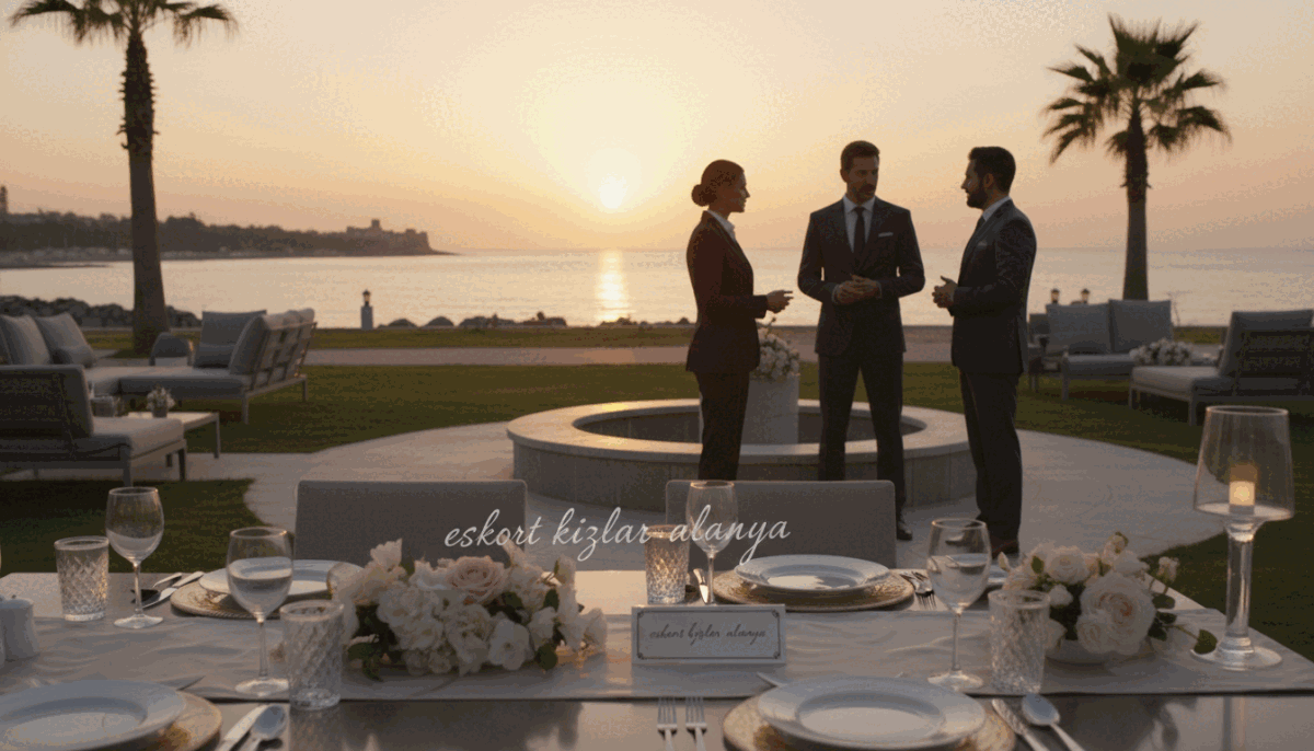 A serene outdoor setting in Alanya, showcasing well-defined safe meeting locations. In the foreground, a tastefully arranged table with elegant decor and soft lighting, featuring floral arrangements and fine dining elements. In the middle ground, a group of diverse individuals dressed in professional business attire, engaged in a friendly yet confidential conversation, embodying quality and privacy. The background features the beautiful Alanya coastline during sunset, with warm, golden light illuminating the scene, casting a tranquil atmosphere. The image conveys sophistication and trust, reflecting the commitment to quality and confidentiality. Emphasize the branding "eskort kızlar alanya" subtly integrated into the decor without being intrusive. A serene outdoor setting in Alanya, showcasing well-defined safe meeting locations. In the foreground, a tastefully arranged table with elegant decor and soft lighting, featuring floral arrangements and fine dining elements. In the middle ground, a group of diverse individuals dressed in professional business attire, engaged in a friendly yet confidential conversation, embodying quality and privacy. The background features the beautiful Alanya coastline during sunset, with warm, golden light illuminating the scene, casting a tranquil atmosphere. The image conveys sophistication and trust, reflecting the commitment to quality and confidentiality. Emphasize the branding "eskort kızlar alanya" subtly integrated into the decor without being intrusive.