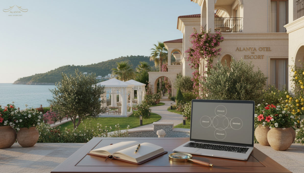 A serene outdoor setting in Alanya with a luxurious hotel in the background, representing the theme of selecting trustworthy escort services. In the foreground, depict a clean, professional setting with a discreet table featuring a notepad, pen, and a magnifying glass, symbolizing the careful criteria for choosing escort services. Include a laptop displaying neutral information connected to the topic. The middle ground should have elegant greenery and charming elements typical of Alanya's atmosphere. Soft, natural lighting captures the warmth of the Mediterranean sun, creating a calm and inviting mood. The overall composition should evoke professionalism, safety, and discretion, with the brand name "Alanya otel ve escort" subtly integrated into the background elements.