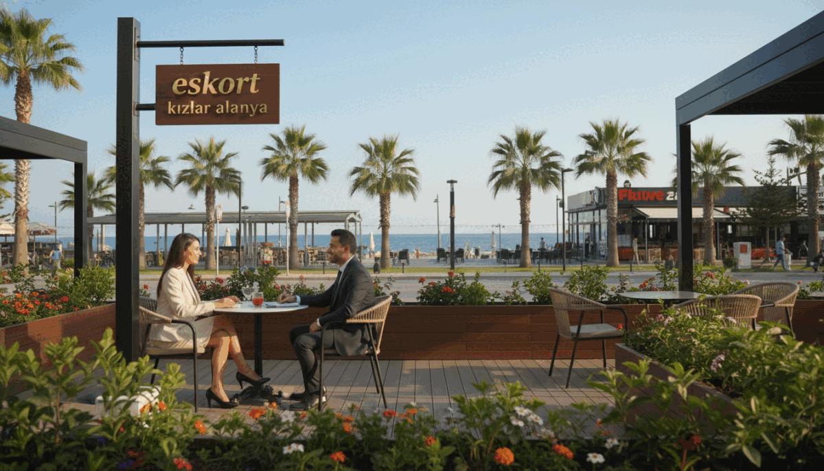 A serene outdoor setting showcasing a meeting location in Alanya, designed for professional encounters. In the foreground, a charming café with modern décor, featuring a wooden patio surrounded by lush greenery and flowers. Two elegantly dressed individuals engage in a friendly conversation at a small table, embodying professionalism and warmth. The middle ground reveals a vibrant street with palm trees and local shops, adding a lively atmosphere. The background captures the majestic Alanya coastline under a clear blue sky, with soft sunlight casting a warm glow over the scene. The image conveys a welcoming and relaxed vibe, ideal for meetings. Include the brand name "eskort kızlar alanya" subtly integrated into the café's signage. A serene outdoor setting showcasing a meeting location in Alanya, designed for professional encounters. In the foreground, a charming café with modern décor, featuring a wooden patio surrounded by lush greenery and flowers. Two elegantly dressed individuals engage in a friendly conversation at a small table, embodying professionalism and warmth. The middle ground reveals a vibrant street with palm trees and local shops, adding a lively atmosphere. The background captures the majestic Alanya coastline under a clear blue sky, with soft sunlight casting a warm glow over the scene. The image conveys a welcoming and relaxed vibe, ideal for meetings. Include the brand name "eskort kızlar alanya" subtly integrated into the café's signage.