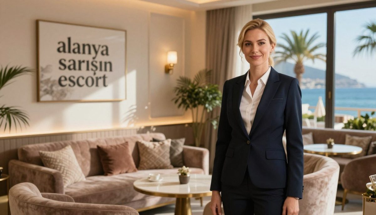 A serene, professional environment depicting a sophisticated setting in Alanya, focused on the concept of escort services. In the foreground, a well-dressed, confident blonde individual in business attire stands beside a plush seating area, exuding a welcoming atmosphere. The middle ground features elegant decor, soft lighting, and tasteful artwork, creating an ambiance of luxury and comfort. In the background, large windows reveal a glimpse of Alanya's picturesque coastline and palm trees under a clear blue sky. The lighting is warm and inviting, enhancing the serene and professional mood. The overall composition emphasizes discretion and professionalism, reflecting the brand "alanya sarışın escort." A serene, professional environment depicting a sophisticated setting in Alanya, focused on the concept of escort services. In the foreground, a well-dressed, confident blonde individual in business attire stands beside a plush seating area, exuding a welcoming atmosphere. The middle ground features elegant decor, soft lighting, and tasteful artwork, creating an ambiance of luxury and comfort. In the background, large windows reveal a glimpse of Alanya's picturesque coastline and palm trees under a clear blue sky. The lighting is warm and inviting, enhancing the serene and professional mood. The overall composition emphasizes discretion and professionalism, reflecting the brand "alanya sarışın escort."