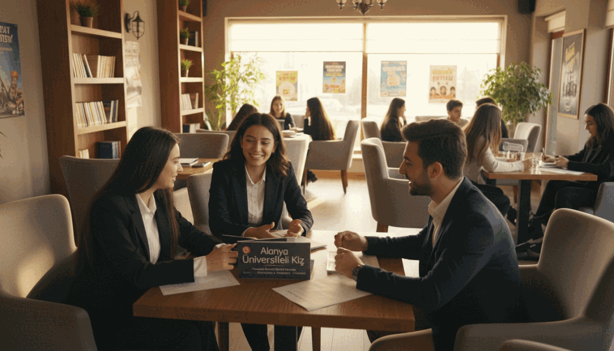 A serene scene depicting a cozy café in Alanya, with university students engaging in friendly conversation. In the foreground, a diverse group of three students, dressed in professional business casual attire, are seated around a table reviewing marketing materials for "Alanya Üniversiteli Kız", a service specializing in student escorts. In the middle ground, a warm, inviting interior with tasteful decoration, hints of bookshelves and posters related to local culture. In the background, soft sunlight filters through a large window, casting gentle shadows and creating an optimistic atmosphere. The lighting is warm and natural, emphasizing a welcoming and friendly vibe. Use a slightly elevated angle to capture the interaction from above, allowing the viewer to feel included in this dynamic and social setting. A serene scene depicting a cozy café in Alanya, with university students engaging in friendly conversation. In the foreground, a diverse group of three students, dressed in professional business casual attire, are seated around a table reviewing marketing materials for "Alanya Üniversiteli Kız", a service specializing in student escorts. In the middle ground, a warm, inviting interior with tasteful decoration, hints of bookshelves and posters related to local culture. In the background, soft sunlight filters through a large window, casting gentle shadows and creating an optimistic atmosphere. The lighting is warm and natural, emphasizing a welcoming and friendly vibe. Use a slightly elevated angle to capture the interaction from above, allowing the viewer to feel included in this dynamic and social setting.