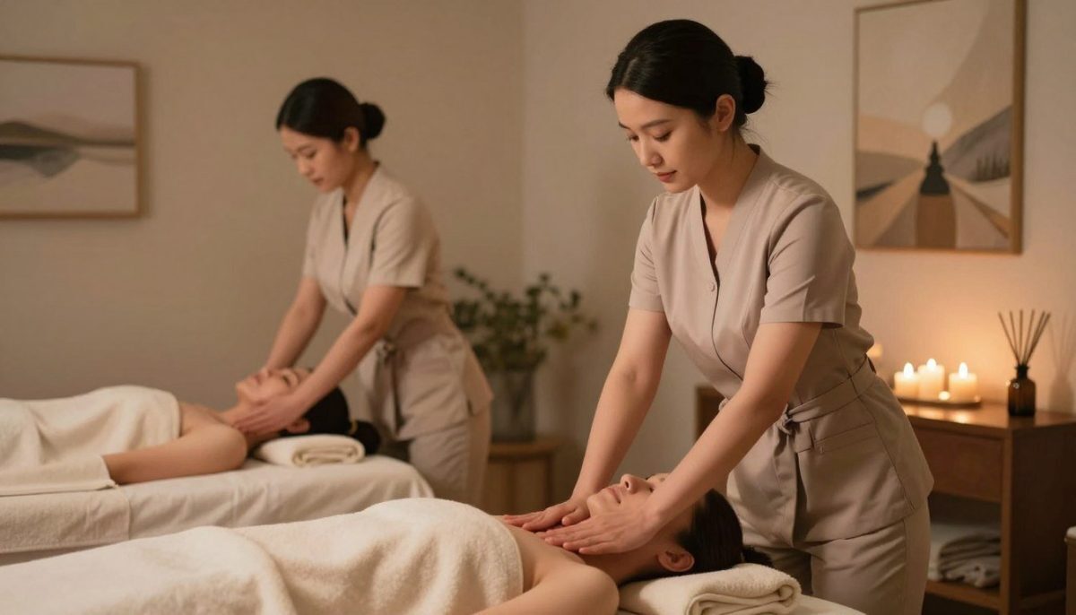 A serene spa setting featuring professional female massage therapists engaged in a calming atmosphere. In the foreground, two women in smart, modest business attire are demonstrating various massage techniques, while a relaxed client lies on a massage table, enveloped in soft towels. The middle of the image showcases a beautifully arranged room with ambient lighting, candles, and essential oil diffusers, enhancing the tranquil vibe. In the background, a soothing art piece adds to the room's aesthetic harmony. The lighting is warm and inviting, casting gentle shadows that create an atmosphere of relaxation and professionalism. The overall mood is peaceful and comforting, highlighting the advantages of choosing professional massage services in Kestel. A serene spa setting featuring professional female massage therapists engaged in a calming atmosphere. In the foreground, two women in smart, modest business attire are demonstrating various massage techniques, while a relaxed client lies on a massage table, enveloped in soft towels. The middle of the image showcases a beautifully arranged room with ambient lighting, candles, and essential oil diffusers, enhancing the tranquil vibe. In the background, a soothing art piece adds to the room's aesthetic harmony. The lighting is warm and inviting, casting gentle shadows that create an atmosphere of relaxation and professionalism. The overall mood is peaceful and comforting, highlighting the advantages of choosing professional massage services in Kestel.