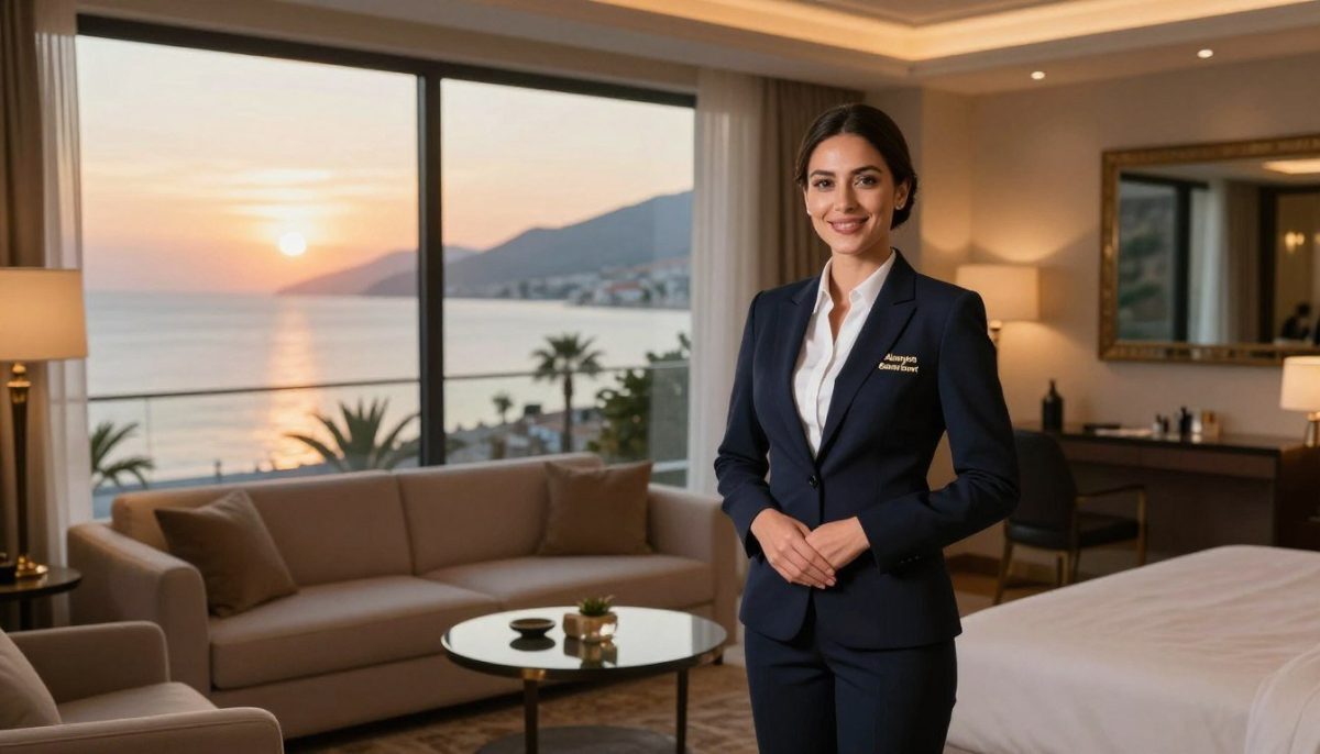 A serene, upscale hotel suite in Alanya, featuring a professional atmosphere. In the foreground, a confident, stylish individual dressed in a smart business suit, representing "Alanya Sarışın Escort," stands with a welcoming smile, exuding trust and professionalism. The middle ground showcases elegant furnishings, including a plush sofa and soft ambient lighting, creating a warm and inviting vibe. In the background, a large window reveals a picturesque view of Alanya's coastline during sunset, with golden hues reflecting off the waves. The scene is softly lit, capturing a refined and sophisticated mood, ideal for portraying a professional and reliable escort experience. Use a wide-angle lens to encapsulate the elegance of the space and the warmth of the interaction. A serene, upscale hotel suite in Alanya, featuring a professional atmosphere. In the foreground, a confident, stylish individual dressed in a smart business suit, representing "Alanya Sarışın Escort," stands with a welcoming smile, exuding trust and professionalism. The middle ground showcases elegant furnishings, including a plush sofa and soft ambient lighting, creating a warm and inviting vibe. In the background, a large window reveals a picturesque view of Alanya's coastline during sunset, with golden hues reflecting off the waves. The scene is softly lit, capturing a refined and sophisticated mood, ideal for portraying a professional and reliable escort experience. Use a wide-angle lens to encapsulate the elegance of the space and the warmth of the interaction.