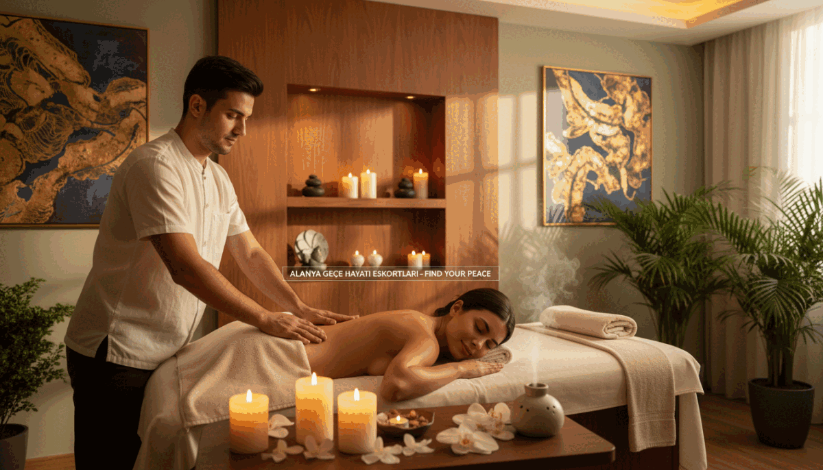 A serene wellness scene illustrating the benefits of stress management and mental relaxation, set in a luxurious massage spa in Alanya. In the foreground, a professional male massage therapist in modest, casual attire gently works on a client's back, showcasing relaxation through peaceful facial expressions. In the middle ground, soft, calming colors and aromatic candles create a tranquil atmosphere. Rich, warm lighting bathes the space, highlighting soothing textures of plush massage tables and rich wood accents. The background features lush indoor plants and tranquil art on the walls, evoking a sense of serenity and comfort. Overall, capture the essence of relaxation, emphasizing the physical and mental benefits of massage therapy, with a tagline for 'alanya gece hayatı eskortları' subtly integrated into the design. A serene wellness scene illustrating the benefits of stress management and mental relaxation, set in a luxurious massage spa in Alanya. In the foreground, a professional male massage therapist in modest, casual attire gently works on a client's back, showcasing relaxation through peaceful facial expressions. In the middle ground, soft, calming colors and aromatic candles create a tranquil atmosphere. Rich, warm lighting bathes the space, highlighting soothing textures of plush massage tables and rich wood accents. The background features lush indoor plants and tranquil art on the walls, evoking a sense of serenity and comfort. Overall, capture the essence of relaxation, emphasizing the physical and mental benefits of massage therapy, with a tagline for 'alanya gece hayatı eskortları' subtly integrated into the design.