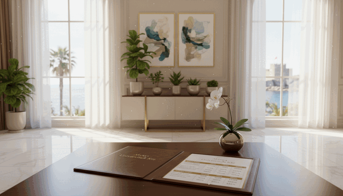 A sleek and elegant scene showcasing a professional pricing board for "Alanya Üniversiteli Kız", depicting various service packages in a luxurious, well-lit office environment. In the foreground, there is a stylishly designed wooden table adorned with an attractive folder displaying pricing options and package details. The middle ground features a tasteful arrangement of potted plants and framed abstract art, enhancing the ambiance. In the background, soft natural light filters through large windows, creating a warm and inviting atmosphere. The overall mood is sophisticated and professional, reflecting trust and reliability. The scene is devoid of any human subjects, ensuring a focus on the elegant presentation of services. A sleek and elegant scene showcasing a professional pricing board for "Alanya Üniversiteli Kız", depicting various service packages in a luxurious, well-lit office environment. In the foreground, there is a stylishly designed wooden table adorned with an attractive folder displaying pricing options and package details. The middle ground features a tasteful arrangement of potted plants and framed abstract art, enhancing the ambiance. In the background, soft natural light filters through large windows, creating a warm and inviting atmosphere. The overall mood is sophisticated and professional, reflecting trust and reliability. The scene is devoid of any human subjects, ensuring a focus on the elegant presentation of services.