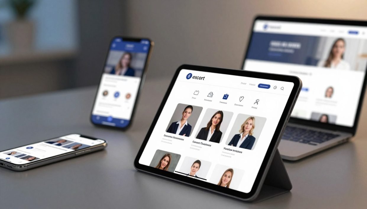 A sleek digital landscape showcasing various platforms for "escort" services in Kestel, with a modern, user-friendly interface visualized on multiple devices like smartphones and laptops. In the foreground, prominently display a tablet with an application interface featuring elegant icons and profile images of professional women, all dressed in business attire. In the middle ground, include blurred glimpses of more devices displaying similar interfaces to suggest a diverse range of options. The background should be softly lit, evoking a relaxed yet sophisticated atmosphere, perhaps with muted colors of blues and grays. The lighting should be warm and inviting, enhancing the tech-savvy vibe while maintaining a professional look. The overall mood conveys convenience, professionalism, and accessibility in discovering escort services.