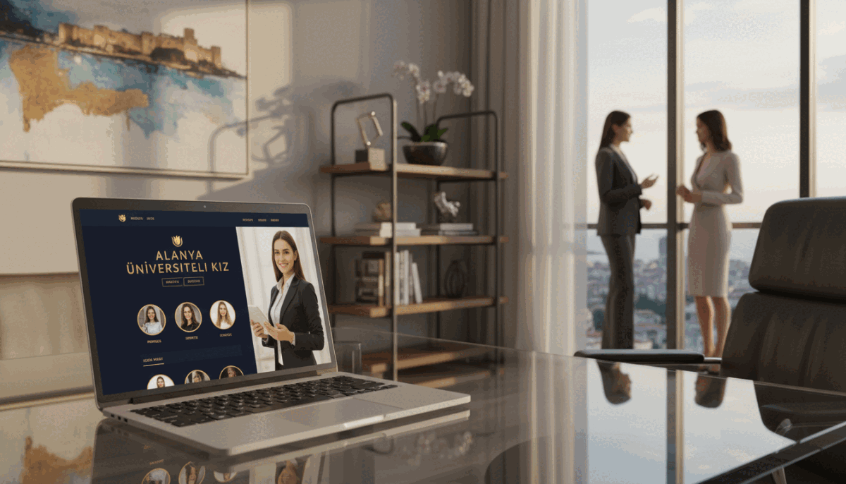 A sleek, professional web design interface for an "Alanya Üniversiteli Kız" escort agency, featuring elegant colors and sophisticated layouts. In the foreground, display a stylish laptop resting on a modern glass desk, showcasing a vibrant, user-friendly website. In the middle ground, include a polished office environment with subtle decor reflecting luxury and professionalism. The background should feature elements like a cityscape of Alanya, hinting at the agency's location. Use warm, inviting lighting to create a welcoming atmosphere, with soft shadows adding depth. Capture the essence of a professional online presence, ensuring any human subjects are dressed in smart business attire, embodying confidence and refinement. A sleek, professional web design interface for an "Alanya Üniversiteli Kız" escort agency, featuring elegant colors and sophisticated layouts. In the foreground, display a stylish laptop resting on a modern glass desk, showcasing a vibrant, user-friendly website. In the middle ground, include a polished office environment with subtle decor reflecting luxury and professionalism. The background should feature elements like a cityscape of Alanya, hinting at the agency's location. Use warm, inviting lighting to create a welcoming atmosphere, with soft shadows adding depth. Capture the essence of a professional online presence, ensuring any human subjects are dressed in smart business attire, embodying confidence and refinement.