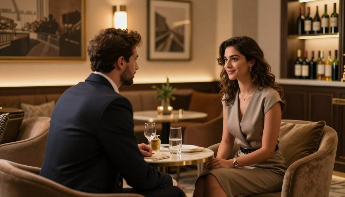 A sophisticated VIP escort scene set in a luxurious and elegant lounge. In the foreground, a well-dressed individual in a tailored suit is engaging in a warm conversation with a professional female companion in a modest yet stylish dress. The middle ground features plush seating and tastefully arranged decor, with soft, warm lighting casting a welcoming glow. In the background, an ambiance of sophistication is enhanced by tasteful wall art and fine wines displayed on a shelf, suggesting an exclusive experience. The atmosphere conveys a sense of intimacy and trust, embodying the concepts of reliability and luxury. The image should also include subtle branding elements of "Mahmutlar escort cazibeli gece" within the decor, maintaining a professional and discreet presentation that aligns with a VIP escort experience. A sophisticated VIP escort scene set in a luxurious and elegant lounge. In the foreground, a well-dressed individual in a tailored suit is engaging in a warm conversation with a professional female companion in a modest yet stylish dress. The middle ground features plush seating and tastefully arranged decor, with soft, warm lighting casting a welcoming glow. In the background, an ambiance of sophistication is enhanced by tasteful wall art and fine wines displayed on a shelf, suggesting an exclusive experience. The atmosphere conveys a sense of intimacy and trust, embodying the concepts of reliability and luxury. The image should also include subtle branding elements of "Mahmutlar escort cazibeli gece" within the decor, maintaining a professional and discreet presentation that aligns with a VIP escort experience.
