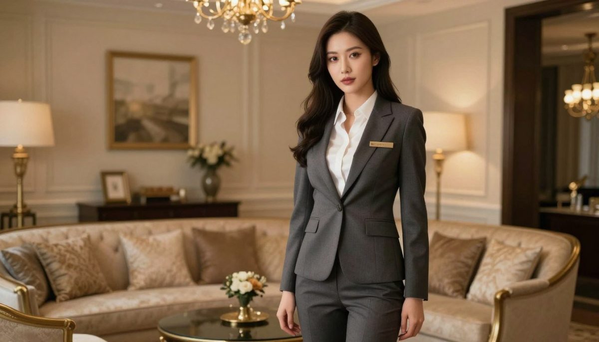 A sophisticated and elegant Kestel escort, embodying grace and charm, stands confidently in the foreground. The model is dressed in professional business attire, featuring a tailored blazer and smart trousers, exuding a sense of style and refinement. In the middle ground, a tastefully decorated lounge room with soft, ambient lighting enhances the inviting atmosphere. Luxurious furnishings and delicate decor pieces contribute to a sense of comfort and allure. The lighting is warm and flattering, casting gentle shadows that accentuate the features of the escort, while a shallow depth of field draws focus to the subject, lending an intimate feel to the image. The mood is sophisticated and captivating, designed to evoke a sense of allure and memorable experiences in Kestel.