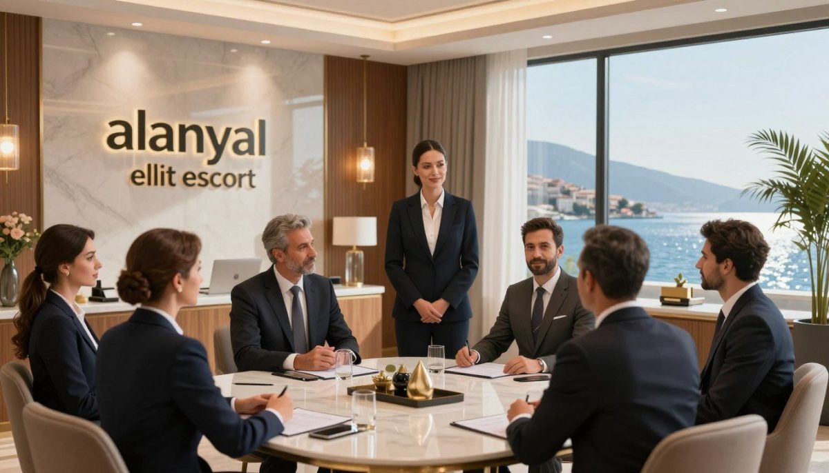 A sophisticated and elegant illustration depicting the "yasal durum" of escort services in Alanya, highlighting a professional environment. In the foreground, several men and women dressed in smart business attire engage in a conversation around a well-designed table, showcasing professionalism and discretion. In the middle, a beautifully designed office space with subtle luxury, featuring wooden accents, soft lighting, and elegant decor that reflects a sense of security and confidentiality. In the background, the skyline of Alanya is visible through large windows, with the Mediterranean Sea glistening under natural light. The overall atmosphere conveys a sense of safety and professionalism, embodying the essence of "alanya elit escort". The lighting should be warm and inviting, creating an air of trust and service excellence.