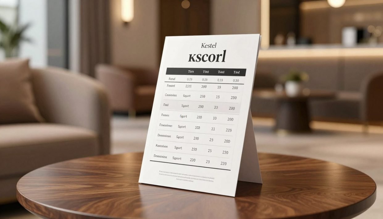 A sophisticated and elegant illustration of a price range chart for escort services in Kestel, displayed in a modern, upscale setting. In the foreground, a sleek wooden table is set with a stylish brochure showcasing various pricing tiers for professional escort services labeled "escort." In the middle ground, soft lighting highlights the brochure, creating an inviting atmosphere. In the background, a tastefully decorated lounge area with plush seating and tasteful decor reflects an upscale environment, suitable for discerning clients. The overall mood is upscale and professional, emphasizing quality and class. Use a shallow depth of field to keep the focus on the brochure, with gentle bokeh effects in the background to add warmth and sophistication to the scene.
