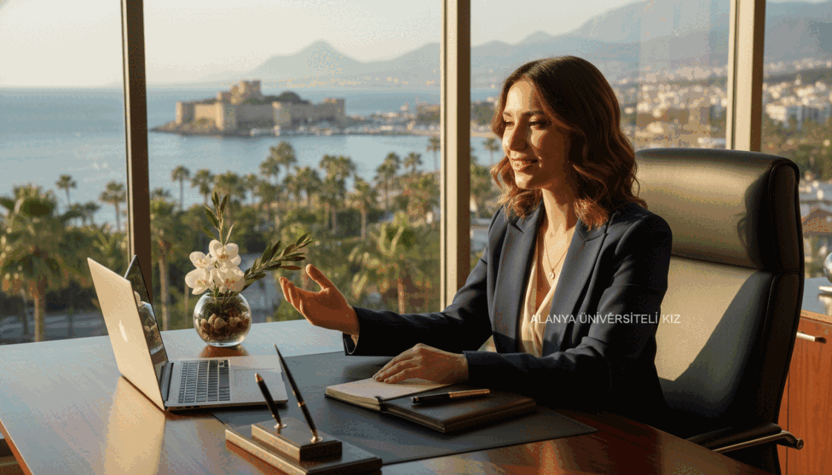 A sophisticated and elegant office setting in Alanya, featuring a stylish desk with business materials and delicate decorative elements. In the foreground, a professional woman dressed in smart business attire represents the "alanya üniversiteli kız" brand, exuding confidence and professionalism. She is engaged in a conversation over a laptop, with a soft smile, conveying warmth and approachability. The middle ground displays a large window showcasing the beautiful Alanya landscape, including the Mediterranean Sea and lush greenery, adding a touch of vibrancy and life to the scene. The background features subtle hints of the bustling city, enhancing the atmosphere. The lighting is warm and inviting, with soft shadows accentuating the features. The overall mood is professional yet welcoming, capturing the essence of quality escort services in an upscale environment. A sophisticated and elegant office setting in Alanya, featuring a stylish desk with business materials and delicate decorative elements. In the foreground, a professional woman dressed in smart business attire represents the "alanya üniversiteli kız" brand, exuding confidence and professionalism. She is engaged in a conversation over a laptop, with a soft smile, conveying warmth and approachability. The middle ground displays a large window showcasing the beautiful Alanya landscape, including the Mediterranean Sea and lush greenery, adding a touch of vibrancy and life to the scene. The background features subtle hints of the bustling city, enhancing the atmosphere. The lighting is warm and inviting, with soft shadows accentuating the features. The overall mood is professional yet welcoming, capturing the essence of quality escort services in an upscale environment.