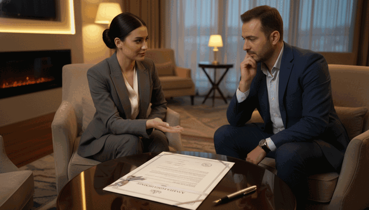 A sophisticated and elegant representation of a professional escort agreement, symbolizing trust and expectations in a luxurious hotel setting in Alanya. In the foreground, a polished wooden table with a beautifully arranged document and a stylish pen, reflecting professionalism. In the middle ground, a modestly dressed female escort in professional attire, showcasing confidence and grace, is discussing services with a client who appears engaged and attentive. In the background, the ambiance features soft lighting, plush furnishings, and a cozy setting indicative of Alanya's nightlife, without revealing specific details. The mood is warm and inviting, emphasizing professionalism and mutual respect, capturing the essence of "alanya gece hayatı eskortları" services. The focus is on creating a safe and respectful atmosphere. A sophisticated and elegant representation of a professional escort agreement, symbolizing trust and expectations in a luxurious hotel setting in Alanya. In the foreground, a polished wooden table with a beautifully arranged document and a stylish pen, reflecting professionalism. In the middle ground, a modestly dressed female escort in professional attire, showcasing confidence and grace, is discussing services with a client who appears engaged and attentive. In the background, the ambiance features soft lighting, plush furnishings, and a cozy setting indicative of Alanya's nightlife, without revealing specific details. The mood is warm and inviting, emphasizing professionalism and mutual respect, capturing the essence of "alanya gece hayatı eskortları" services. The focus is on creating a safe and respectful atmosphere.