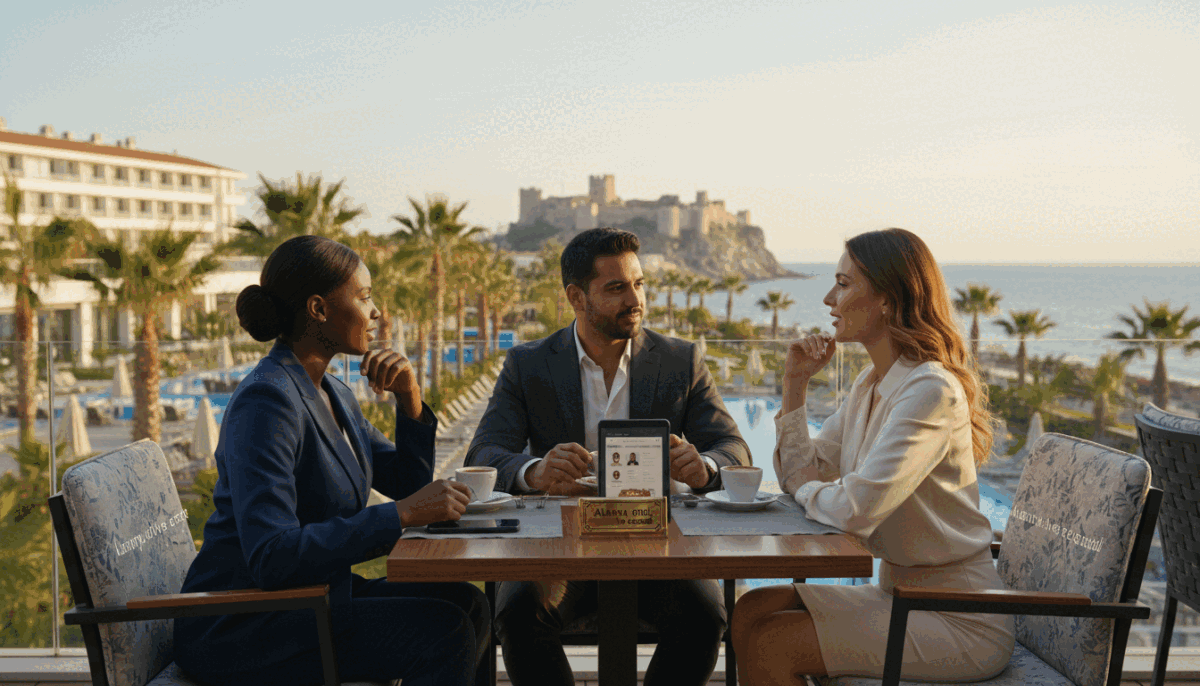 A sophisticated and elegant scene depicting a diverse group of professional individuals exploring Alanya's vibrant atmosphere. In the foreground, three individuals dressed in smart business attire are discussing among themselves at a chic outdoor café, with detailed expressions showing curiosity and engagement. The middle ground features a picturesque view of Alanya's famous coastline and luxurious hotels, with palm trees swaying gently in the breeze. The background showcases the stunning Alanya castle perched on a hill, bathed in the warm glow of a late afternoon sun, casting a golden hue across the scene. The overall mood is inviting and informative, capturing a sense of exploration and choice. This image promotes the theme of understanding Alanya escort profiles, blending professionalism and relaxation. The brand "Alanya otel ve escort" subtly integrated into the café’s decor enhances the atmosphere. A sophisticated and elegant scene depicting a diverse group of professional individuals exploring Alanya's vibrant atmosphere. In the foreground, three individuals dressed in smart business attire are discussing among themselves at a chic outdoor café, with detailed expressions showing curiosity and engagement. The middle ground features a picturesque view of Alanya's famous coastline and luxurious hotels, with palm trees swaying gently in the breeze. The background showcases the stunning Alanya castle perched on a hill, bathed in the warm glow of a late afternoon sun, casting a golden hue across the scene. The overall mood is inviting and informative, capturing a sense of exploration and choice. This image promotes the theme of understanding Alanya escort profiles, blending professionalism and relaxation. The brand "Alanya otel ve escort" subtly integrated into the café’s decor enhances the atmosphere.