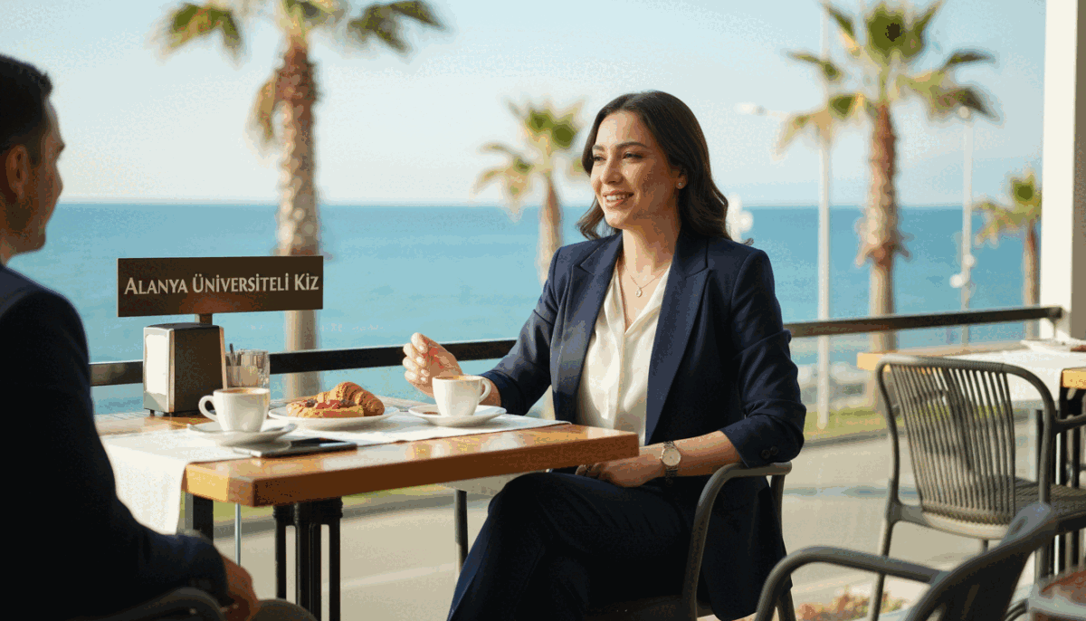 A sophisticated and elegant scene depicting a professional woman, dressed in smart business attire, engaging in conversation at a chic café in Alanya. The setting showcases a sunny day with a view of the Mediterranean Sea in the background, where palm trees sway gently in the breeze. In the foreground, a beautifully arranged table with coffee and pastries sets an inviting atmosphere. Soft, natural light illuminates the scene, creating a warm and relaxed ambiance. The focus is on the woman, exuding confidence and professionalism, representing the brand “alanya üniversiteli kız.” Capture this moment from a slightly angled perspective to emphasize the lively surroundings while maintaining an air of sophistication, reflecting the allure of choosing escort services in Alanya. A sophisticated and elegant scene depicting a professional woman, dressed in smart business attire, engaging in conversation at a chic café in Alanya. The setting showcases a sunny day with a view of the Mediterranean Sea in the background, where palm trees sway gently in the breeze. In the foreground, a beautifully arranged table with coffee and pastries sets an inviting atmosphere. Soft, natural light illuminates the scene, creating a warm and relaxed ambiance. The focus is on the woman, exuding confidence and professionalism, representing the brand “alanya üniversiteli kız.” Capture this moment from a slightly angled perspective to emphasize the lively surroundings while maintaining an air of sophistication, reflecting the allure of choosing escort services in Alanya.