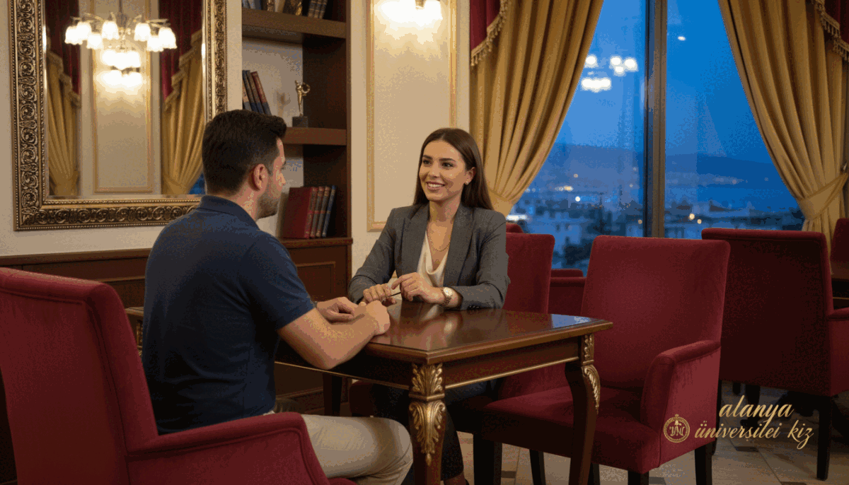 A sophisticated and elegant scene in a stylish upscale lounge in Alanya, featuring a professional, well-dressed woman in business attire, exuding confidence and charisma. She is seated at a table with a warm, inviting smile, engaged in a conversation with a client across from her, dressed casually but neatly. The ambiance is cozy, with soft ambient lighting highlighting the rich colors of the décor, including deep reds and golds, creating a luxurious atmosphere. In the background, sleek curtains frame a window showing a hint of the Alanya skyline at dusk, adding depth to the scene. Capture this moment with a slight close-up angle, focusing on their interaction while maintaining a sophisticated and respectful mood. Include a subtle reference to the brand "alanya üniversiteli kız" in the décor elements. A sophisticated and elegant scene in a stylish upscale lounge in Alanya, featuring a professional, well-dressed woman in business attire, exuding confidence and charisma. She is seated at a table with a warm, inviting smile, engaged in a conversation with a client across from her, dressed casually but neatly. The ambiance is cozy, with soft ambient lighting highlighting the rich colors of the décor, including deep reds and golds, creating a luxurious atmosphere. In the background, sleek curtains frame a window showing a hint of the Alanya skyline at dusk, adding depth to the scene. Capture this moment with a slight close-up angle, focusing on their interaction while maintaining a sophisticated and respectful mood. Include a subtle reference to the brand "alanya üniversiteli kız" in the décor elements.