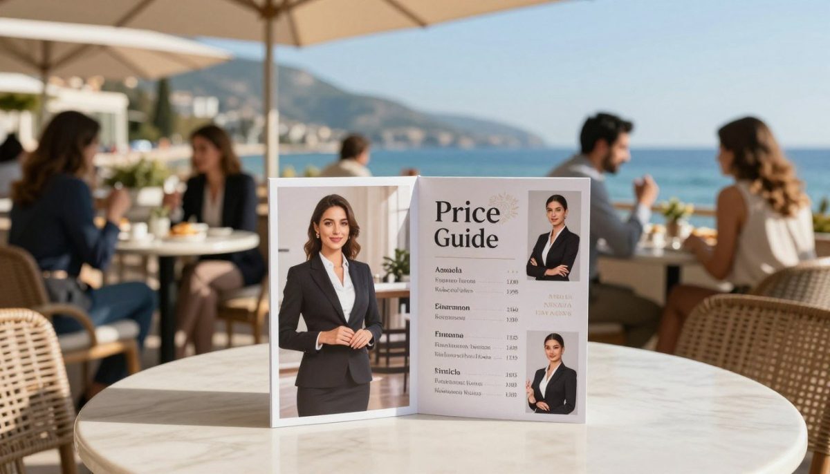 A sophisticated and elegant scene showcasing a price guide for Alanya Kestel escort services. In the foreground, a neatly arranged table displays a beautifully designed pricing brochure, featuring high-quality images of professional escorts in tasteful business attire, reflecting elegance and professionalism. The middle ground includes a subtly blurred café ambiance with patrons engaged in conversation, creating a lively environment. The background reveals the stunning coastline of Alanya, with clear blue skies and soft sunlight illuminating the scene, enhancing a warm and inviting atmosphere. The image captures a sense of quality and discretion, with gentle, natural lighting that highlights the details without being overwhelming. The composition is shot from a slightly elevated angle, providing a clear view of the table while maintaining an inviting focus on the surrounding environment. A sophisticated and elegant scene showcasing a price guide for Alanya Kestel escort services. In the foreground, a neatly arranged table displays a beautifully designed pricing brochure, featuring high-quality images of professional escorts in tasteful business attire, reflecting elegance and professionalism. The middle ground includes a subtly blurred café ambiance with patrons engaged in conversation, creating a lively environment. The background reveals the stunning coastline of Alanya, with clear blue skies and soft sunlight illuminating the scene, enhancing a warm and inviting atmosphere. The image captures a sense of quality and discretion, with gentle, natural lighting that highlights the details without being overwhelming. The composition is shot from a slightly elevated angle, providing a clear view of the table while maintaining an inviting focus on the surrounding environment.