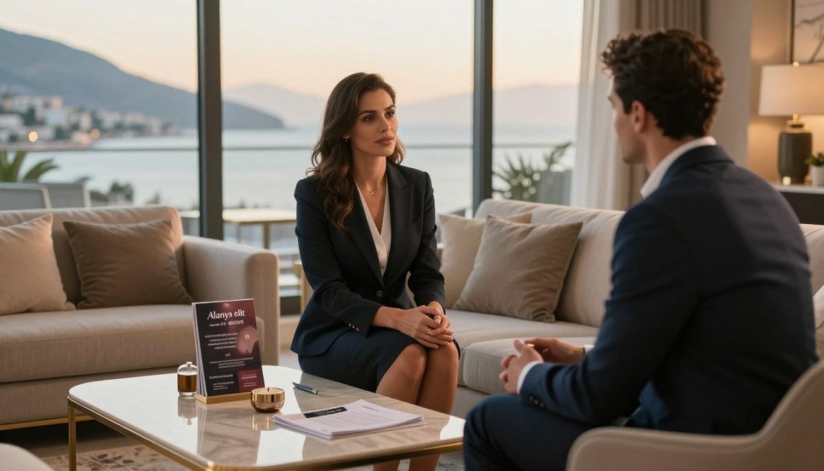 A sophisticated and elegant setting depicting a luxurious living room in Alanya, showcasing the diversity of escort services. In the foreground, a professionally dressed woman exudes confidence and elegance, engaging with a client. She wears a tailored business suit, while the client is dressed in smart casual attire. In the middle ground, a beautifully arranged coffee table features brochures highlighting the "Alanya elit escort" services. The background reveals a panoramic view of Alanya's stunning coastline through large windows, bathed in warm, golden sunset light, creating an inviting and calm atmosphere. The scene is shot with a shallow depth of field, focusing on the interaction at the table, while soft, natural lighting enhances the mood of professionalism and sophistication without any distractions or text elements. A sophisticated and elegant setting depicting a luxurious living room in Alanya, showcasing the diversity of escort services. In the foreground, a professionally dressed woman exudes confidence and elegance, engaging with a client. She wears a tailored business suit, while the client is dressed in smart casual attire. In the middle ground, a beautifully arranged coffee table features brochures highlighting the "Alanya elit escort" services. The background reveals a panoramic view of Alanya's stunning coastline through large windows, bathed in warm, golden sunset light, creating an inviting and calm atmosphere. The scene is shot with a shallow depth of field, focusing on the interaction at the table, while soft, natural lighting enhances the mood of professionalism and sophistication without any distractions or text elements.