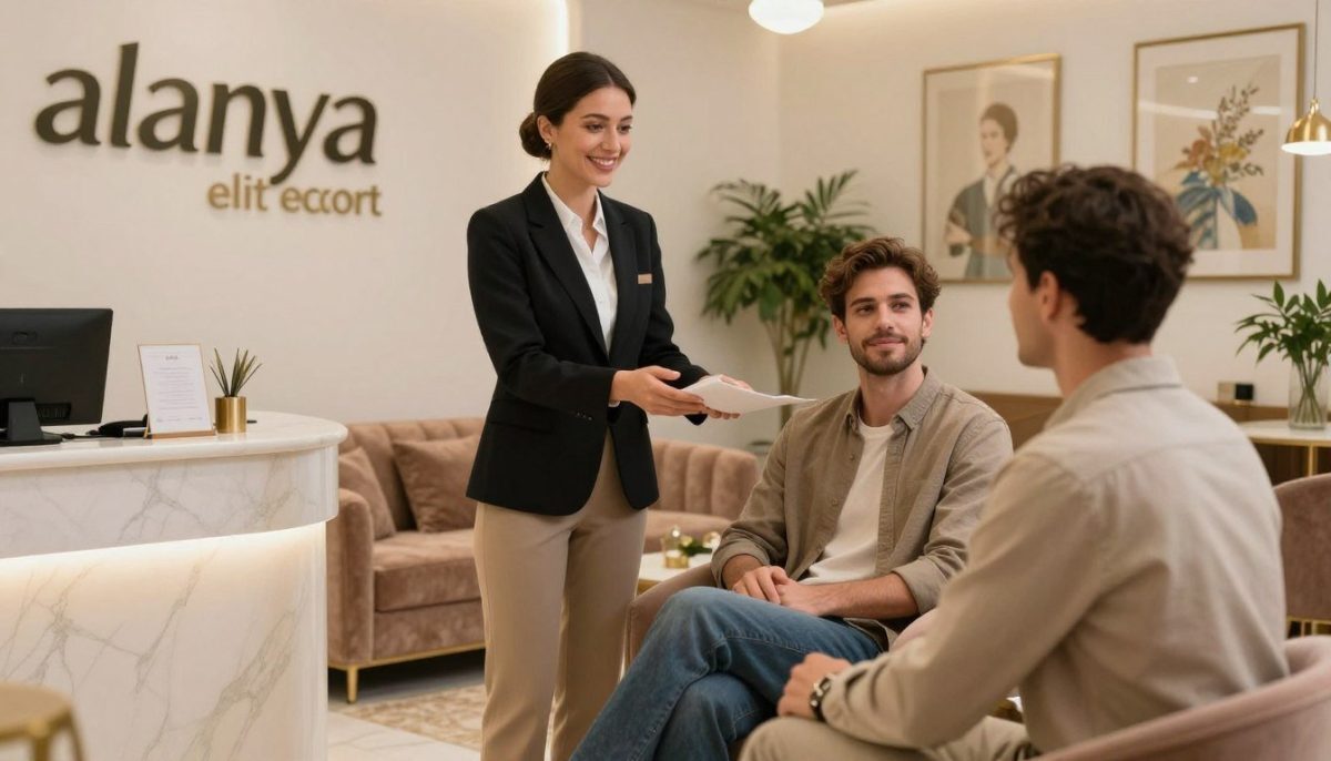 A sophisticated and elegant setting depicting a luxurious waiting area for a professional escort service called "alanya elit escort." In the foreground, a well-dressed receptionist, wearing business attire, smiles warmly as they assist a satisfied client, who appears relaxed and content. The client, dressed in stylish casual wear, conveys a sense of trust and comfort. In the middle ground, plush seating and tasteful decor create an inviting atmosphere, enhanced by soft, warm lighting. The background features delicate artwork on the walls and plants, contributing to a sense of elegance. The overall mood is one of professionalism and customer satisfaction, capturing the essence of a reliable and fast service in Alanya. A sophisticated and elegant setting depicting a luxurious waiting area for a professional escort service called "alanya elit escort." In the foreground, a well-dressed receptionist, wearing business attire, smiles warmly as they assist a satisfied client, who appears relaxed and content. The client, dressed in stylish casual wear, conveys a sense of trust and comfort. In the middle ground, plush seating and tasteful decor create an inviting atmosphere, enhanced by soft, warm lighting. The background features delicate artwork on the walls and plants, contributing to a sense of elegance. The overall mood is one of professionalism and customer satisfaction, capturing the essence of a reliable and fast service in Alanya.