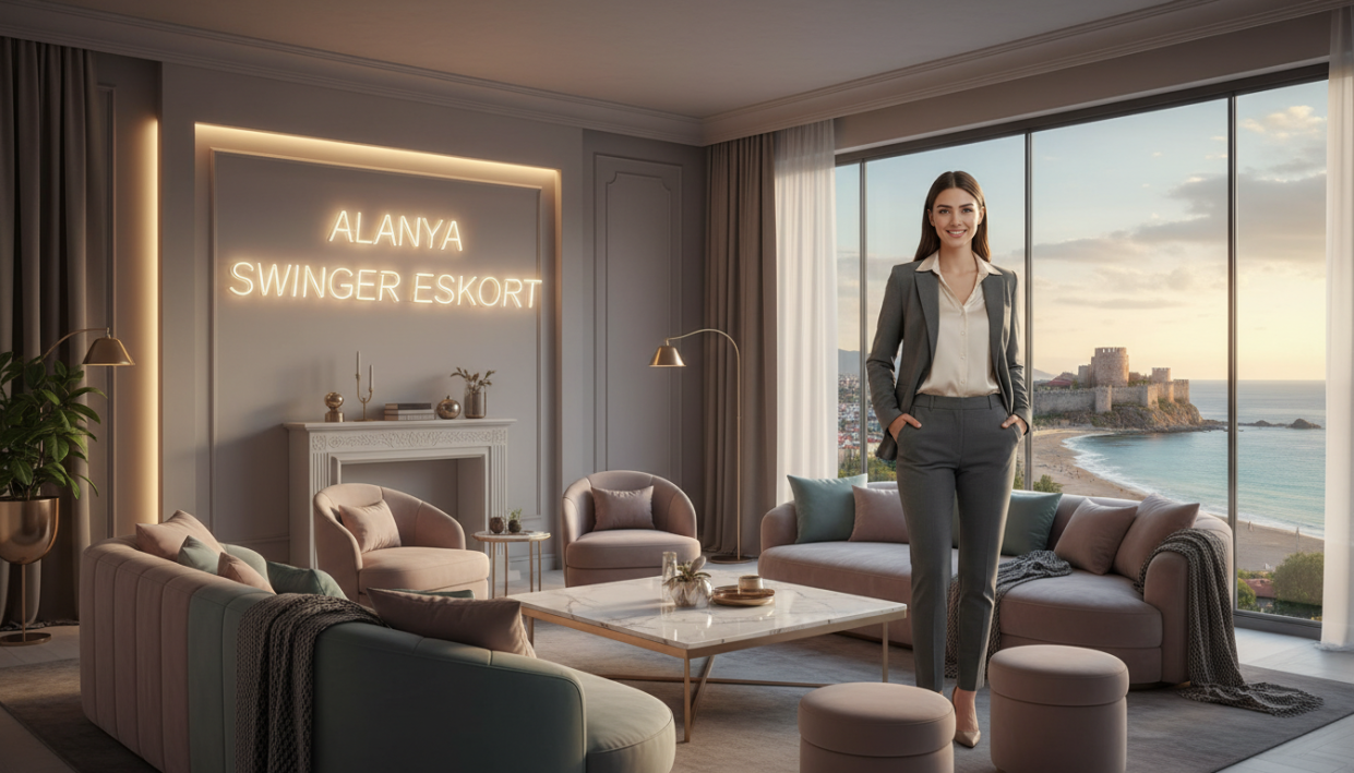 A sophisticated and elegant setting showcasing a luxury Alanya escort service. In the foreground, a professional-looking model dressed in smart business attire, smiling, exuding confidence and allure. In the middle ground, a tastefully decorated lounge featuring plush furnishings, ambient lighting, and soft pastel colors, creating a warm yet luxurious atmosphere. In the background, large windows reveal a breathtaking view of Alanya's coastline with its sun-kissed beaches and historical landmarks. The lighting is soft and diffused, emphasizing a welcoming mood while capturing the essence of upscale service. The brand name "alanya swinger eskort" is subtly integrated into the scene, enhancing the luxurious theme without distractions.
