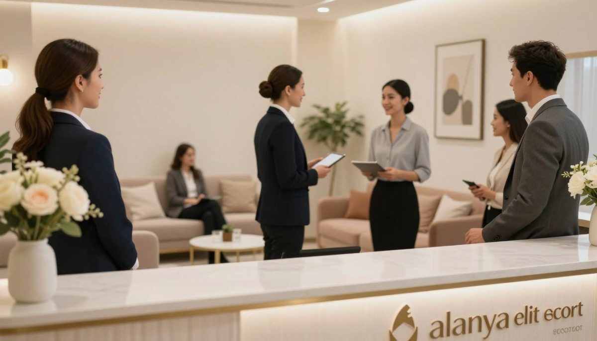 A sophisticated and inviting interior setting showcasing a high-end escort agency, emphasizing hygiene standards and professionalism. In the foreground, a well-appointed reception desk displays a sleek logo of "alanya elit escort," with elegant decor like fresh flowers and tasteful artwork. The middle layer features diverse, professionally dressed individuals, male and female, engaged in friendly conversation, all in smart business attire, exuding an air of hospitality and assurance. The background reveals a clean, stylish waiting area with plush seating and soft, ambient lighting that creates a warm and welcoming atmosphere. Utilize a soft-focus lens to enhance the inviting mood, capturing the essence of quality and exclusivity in escort services. The overall ambiance conveys professionalism, cleanliness, and comfort. A sophisticated and inviting interior setting showcasing a high-end escort agency, emphasizing hygiene standards and professionalism. In the foreground, a well-appointed reception desk displays a sleek logo of "alanya elit escort," with elegant decor like fresh flowers and tasteful artwork. The middle layer features diverse, professionally dressed individuals, male and female, engaged in friendly conversation, all in smart business attire, exuding an air of hospitality and assurance. The background reveals a clean, stylish waiting area with plush seating and soft, ambient lighting that creates a warm and welcoming atmosphere. Utilize a soft-focus lens to enhance the inviting mood, capturing the essence of quality and exclusivity in escort services. The overall ambiance conveys professionalism, cleanliness, and comfort.