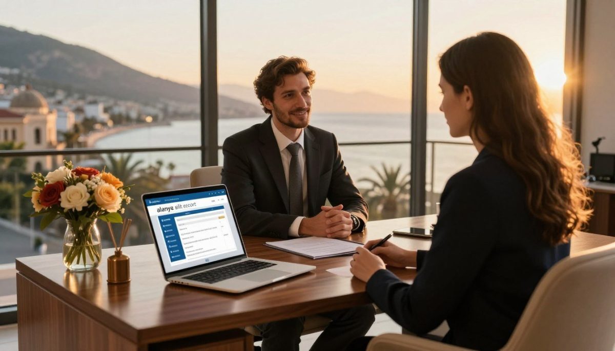 A sophisticated and inviting scene showcasing a professional escort booking service in Alanya. In the foreground, depict a stylish, elegantly furnished office space with a polished wooden desk and a comfortable chair. On the desk, place a sleek laptop open to a booking system, along with a tasteful arrangement of flowers. In the middle ground, include a well-dressed individual, a consultant in business attire, engaged in a consultation with a client, both appearing friendly and professional. The background features panoramic windows with a view of Alanya’s stunning coastline and historical architecture bathed in warm, golden sunset light. The atmosphere should feel welcoming and luxurious, conveying the essence of "alanya elit escort" service, highlighting professionalism and discretion, with no explicit content. Capture the scene from a slight angle to give depth and perspective. A sophisticated and inviting scene showcasing a professional escort booking service in Alanya. In the foreground, depict a stylish, elegantly furnished office space with a polished wooden desk and a comfortable chair. On the desk, place a sleek laptop open to a booking system, along with a tasteful arrangement of flowers. In the middle ground, include a well-dressed individual, a consultant in business attire, engaged in a consultation with a client, both appearing friendly and professional. The background features panoramic windows with a view of Alanya’s stunning coastline and historical architecture bathed in warm, golden sunset light. The atmosphere should feel welcoming and luxurious, conveying the essence of "alanya elit escort" service, highlighting professionalism and discretion, with no explicit content. Capture the scene from a slight angle to give depth and perspective.