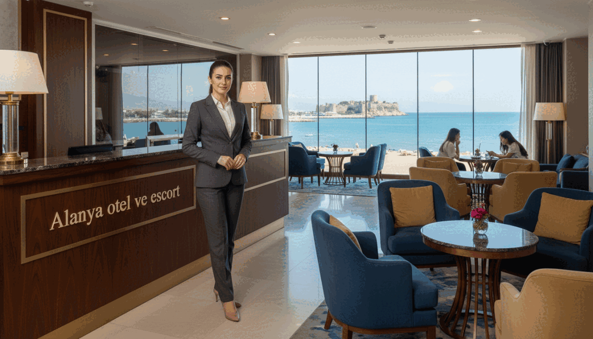A sophisticated and professional scene set in a well-decorated hotel lobby in Alanya, showcasing the essence of a reliable escort service. In the foreground, a smartly dressed person in refined, modest business attire, exuding confidence and professionalism, stands next to a stylish reception desk that bears the brand name "Alanya otel ve escort". The middle ground features elegantly arranged seating areas with tasteful decor, soft lighting casting a warm ambiance, suggesting a welcoming atmosphere. Large windows illuminate the space with natural light, revealing glimpses of the scenic Alanya coastline in the background. The overall mood is one of trust, discipline, and quality service, evoking a sense of safety and comfort for prospective clients. Ensure there are no individuals featured in inappropriate attire. A sophisticated and professional scene set in a well-decorated hotel lobby in Alanya, showcasing the essence of a reliable escort service. In the foreground, a smartly dressed person in refined, modest business attire, exuding confidence and professionalism, stands next to a stylish reception desk that bears the brand name "Alanya otel ve escort". The middle ground features elegantly arranged seating areas with tasteful decor, soft lighting casting a warm ambiance, suggesting a welcoming atmosphere. Large windows illuminate the space with natural light, revealing glimpses of the scenic Alanya coastline in the background. The overall mood is one of trust, discipline, and quality service, evoking a sense of safety and comfort for prospective clients. Ensure there are no individuals featured in inappropriate attire.