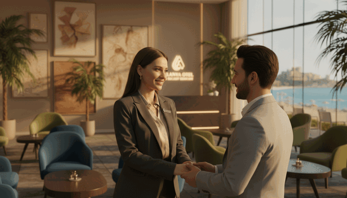 A sophisticated and serene hotel lobby setting in Alanya, exuding an air of exclusivity and professionalism. In the foreground, a well-dressed individual in business attire, engaged in a warm yet discreet conversation with a client, showcasing the elegance of the VIP escort experience. Soft, ambient lighting enhances the inviting atmosphere, while lush greenery peeks from the corners. In the middle ground, opulent decor including plush seating and tasteful art reflects luxury, while the background features large windows showcasing a glimpse of the Alanya coastline. Capture this scene with a focus on warm tones and a subtle depth of field to create an intimate, inviting ambiance. Include branding elements subtly associated with "Alanya otel ve escort." A sophisticated and serene hotel lobby setting in Alanya, exuding an air of exclusivity and professionalism. In the foreground, a well-dressed individual in business attire, engaged in a warm yet discreet conversation with a client, showcasing the elegance of the VIP escort experience. Soft, ambient lighting enhances the inviting atmosphere, while lush greenery peeks from the corners. In the middle ground, opulent decor including plush seating and tasteful art reflects luxury, while the background features large windows showcasing a glimpse of the Alanya coastline. Capture this scene with a focus on warm tones and a subtle depth of field to create an intimate, inviting ambiance. Include branding elements subtly associated with "Alanya otel ve escort."