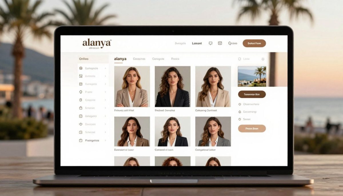 A sophisticated and user-friendly interface design for an online escort catalog, emphasizing elegance and professionalism. The foreground features a sleek digital display illustrating profiles, each accompanied by subtle, tasteful photographs of women in stylish, modest business attire. The middle ground includes a well-organized list of categories with clear navigation buttons, conveying ease of use. In the background, a soft-focus ambiance captures the essence of Alanya's vibrant coastal scenery with hints of palm trees and distant sunset hues. The overall lighting is warm and inviting, creating a sense of comfort. The brand name "alanya elit escort" is subtly integrated into the design, reinforcing a sense of trust and quality in the service. Aim for a polished, modern look with a mood that invites exploration and connection. A sophisticated and user-friendly interface design for an online escort catalog, emphasizing elegance and professionalism. The foreground features a sleek digital display illustrating profiles, each accompanied by subtle, tasteful photographs of women in stylish, modest business attire. The middle ground includes a well-organized list of categories with clear navigation buttons, conveying ease of use. In the background, a soft-focus ambiance captures the essence of Alanya's vibrant coastal scenery with hints of palm trees and distant sunset hues. The overall lighting is warm and inviting, creating a sense of comfort. The brand name "alanya elit escort" is subtly integrated into the design, reinforcing a sense of trust and quality in the service. Aim for a polished, modern look with a mood that invites exploration and connection.