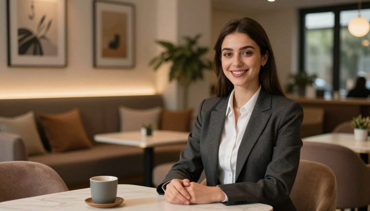 A sophisticated and welcoming scene in Kestel, featuring a cozy lounge environment with soft, ambient lighting. In the foreground, a professional young woman dressed in elegant business attire, exuding confidence and warmth, sits at a stylish table. She has an inviting smile, looking directly at the viewer. In the middle ground, a contemporary setting showcases tasteful decor, with plush seating and tasteful artwork. The background reveals some greenery visible through large windows, hinting at an outdoor view. The lighting is soft and warm, creating an inviting atmosphere. The image captures a sense of professionalism and comfort, symbolizing reliable escort services in Kestel.