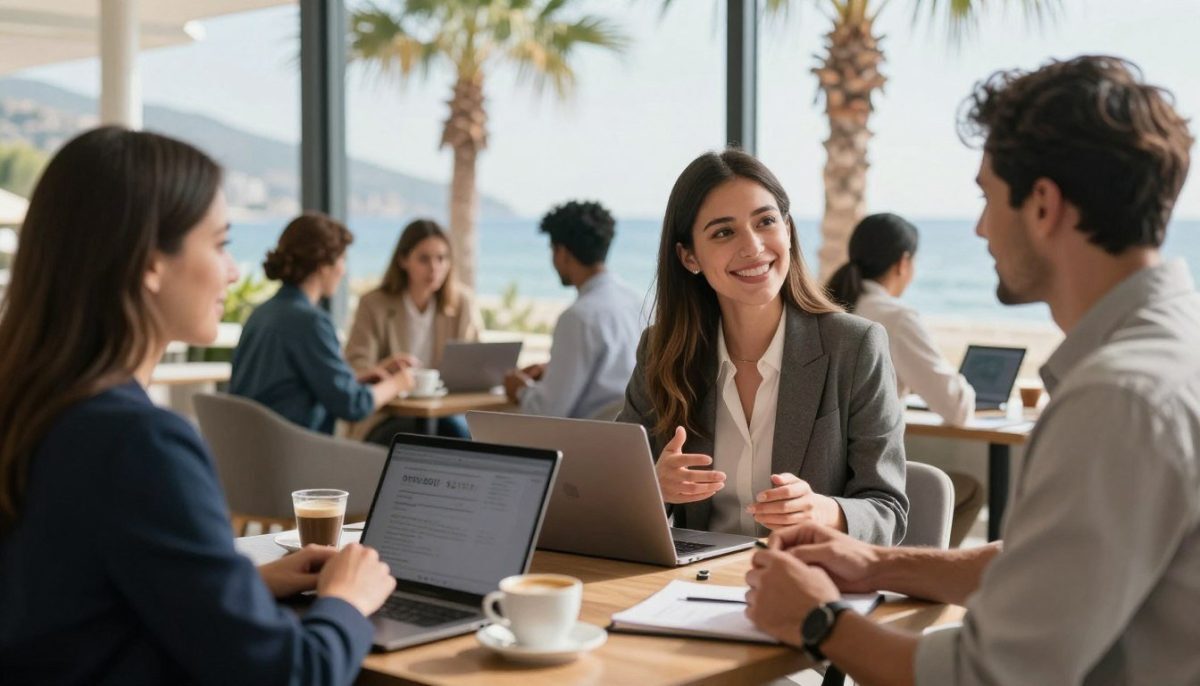 A sophisticated business setting featuring a diverse group of individuals discussing their experiences with the "escort" service. In the foreground, a well-dressed woman offers a friendly smile while sharing her joy in a conversation with a male colleague, both in smart casual attire. The middle ground includes a table adorned with modern laptops and cups of coffee, suggesting a professional meet-up. In the background, large windows reveal a sunny Alanya seaside view with palm trees swaying gently in the breeze, creating a relaxed yet professional atmosphere. The lighting is soft and warm, accentuating the friendly mood. The overall image captures a sense of satisfaction and positive feedback, emphasizing customer happiness in a professional context.