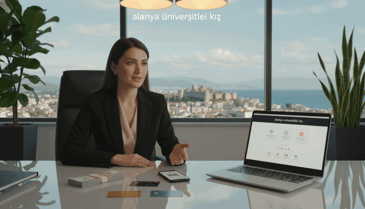 A sophisticated cash transaction scene set in a stylish, modern office space. In the foreground, a professional-looking woman in smart business attire is seated at a sleek desk, engaged in a discussion about payment options. Various payment methods like credit cards, cash, and a mobile payment app are artistically arranged on the desk. The middle layer features a laptop displaying a user-friendly interface related to payment solutions, with warm overhead lighting casting a soft glow, enhancing a focused atmosphere. In the background, a large window reveals a glimpse of scenic Alanya, framed by well-kept potted plants. The brand name "alanya üniversiteli kız" is subtly incorporated into the digital display on the laptop, showcasing professionalism and trust. The overall mood is one of reliability and confidence, emphasizing quality service in a safe, business-oriented context. A sophisticated cash transaction scene set in a stylish, modern office space. In the foreground, a professional-looking woman in smart business attire is seated at a sleek desk, engaged in a discussion about payment options. Various payment methods like credit cards, cash, and a mobile payment app are artistically arranged on the desk. The middle layer features a laptop displaying a user-friendly interface related to payment solutions, with warm overhead lighting casting a soft glow, enhancing a focused atmosphere. In the background, a large window reveals a glimpse of scenic Alanya, framed by well-kept potted plants. The brand name "alanya üniversiteli kız" is subtly incorporated into the digital display on the laptop, showcasing professionalism and trust. The overall mood is one of reliability and confidence, emphasizing quality service in a safe, business-oriented context.