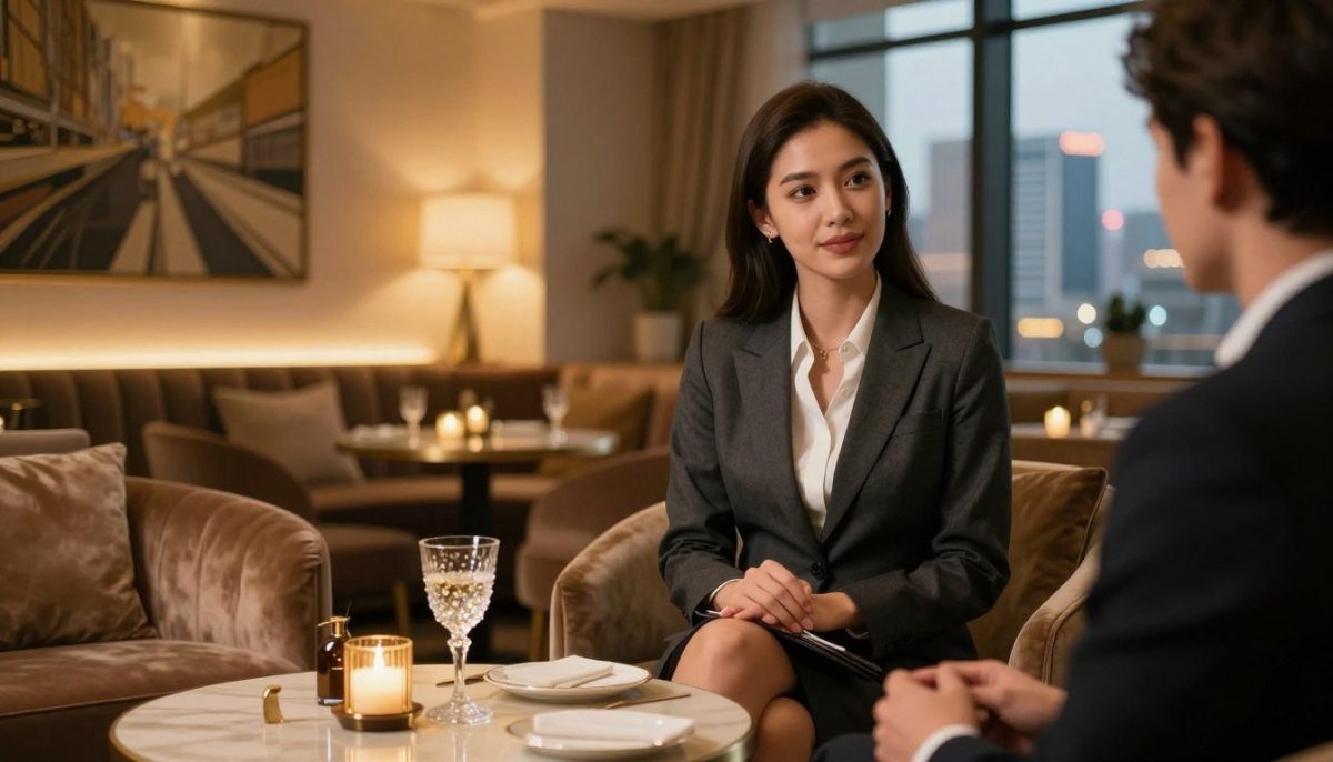 A sophisticated interior of a high-end lounge in Kestel, featuring a well-dressed professional woman engaging with a client. She wears a stylish business suit that conveys confidence, while the ambiance is warm and inviting, illuminated by soft, golden lighting. In the foreground, a beautifully set table with luxurious decor and a sparkling drink signifies a professional escort service. The middle ground showcases plush seating and tasteful art on the walls, contributing to an upscale environment. The background presents large windows with a city view, hinting at Kestel's vibrant nightlife. The overall mood is elegant, focused, and upscale, perfect for illustrating professional escort services. A sophisticated interior of a high-end lounge in Kestel, featuring a well-dressed professional woman engaging with a client. She wears a stylish business suit that conveys confidence, while the ambiance is warm and inviting, illuminated by soft, golden lighting. In the foreground, a beautifully set table with luxurious decor and a sparkling drink signifies a professional escort service. The middle ground showcases plush seating and tasteful art on the walls, contributing to an upscale environment. The background presents large windows with a city view, hinting at Kestel's vibrant nightlife. The overall mood is elegant, focused, and upscale, perfect for illustrating professional escort services.