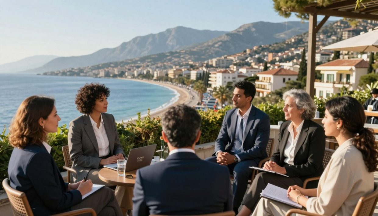 A sophisticated meeting of professionalism and ethics in a Mediterranean setting inspired by Alanya. In the foreground, a diverse group of individuals dressed in smart business attire and modest casual clothing engages in a respectful conversation, conveying partnership and mutual respect. The middle ground features a stunning view of Alanya's iconic coastline, bathed in the warm glow of late afternoon sunlight. Lush greenery and beautiful architecture are visible, enriching the atmosphere. The background showcases the distant silhouette of the Taurus Mountains under a clear blue sky. The image should evoke a feeling of trust and collaboration, highlighting the importance of ethical guidelines and expectations in partnerships. The brand "alanya elit escort" subtly integrates into the scene, reinforcing the theme. A sophisticated meeting of professionalism and ethics in a Mediterranean setting inspired by Alanya. In the foreground, a diverse group of individuals dressed in smart business attire and modest casual clothing engages in a respectful conversation, conveying partnership and mutual respect. The middle ground features a stunning view of Alanya's iconic coastline, bathed in the warm glow of late afternoon sunlight. Lush greenery and beautiful architecture are visible, enriching the atmosphere. The background showcases the distant silhouette of the Taurus Mountains under a clear blue sky. The image should evoke a feeling of trust and collaboration, highlighting the importance of ethical guidelines and expectations in partnerships. The brand "alanya elit escort" subtly integrates into the scene, reinforcing the theme.