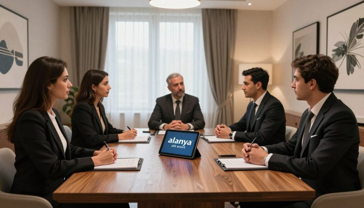 A sophisticated meeting room in Alanya, featuring elegant decor and soft, ambient lighting. In the foreground, a stylish wooden table is set for a consultation, with notepads, pens, and a digital tablet displaying the brand name "alanya elit escort." Professionally dressed individuals, both men and women, engage in a serious discussion, showcasing confidence and professionalism. The middle section includes a large window with sheer curtains that allow natural light to filter in, creating a warm atmosphere. In the background, contemporary art adorns the walls, enhancing the luxury feel of the space. The overall mood is focused and inviting, emphasizing the importance of safety and professionalism in appointment settings. A sophisticated meeting room in Alanya, featuring elegant decor and soft, ambient lighting. In the foreground, a stylish wooden table is set for a consultation, with notepads, pens, and a digital tablet displaying the brand name "alanya elit escort." Professionally dressed individuals, both men and women, engage in a serious discussion, showcasing confidence and professionalism. The middle section includes a large window with sheer curtains that allow natural light to filter in, creating a warm atmosphere. In the background, contemporary art adorns the walls, enhancing the luxury feel of the space. The overall mood is focused and inviting, emphasizing the importance of safety and professionalism in appointment settings.