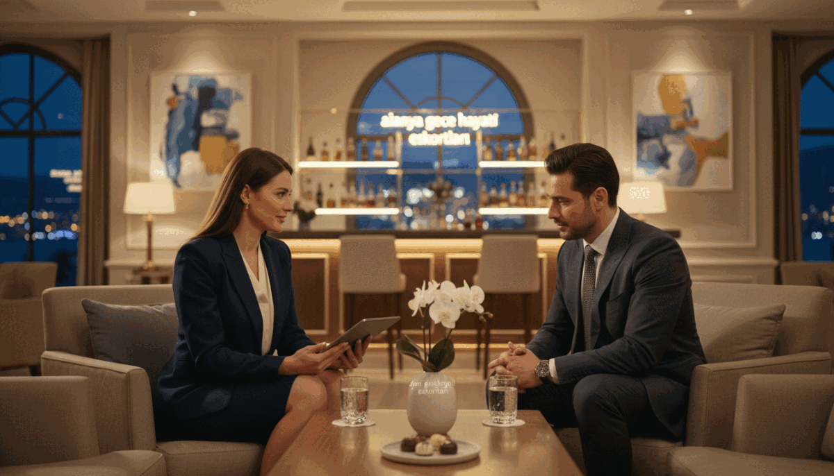 A sophisticated meeting scenario set in a stylish, well-lit lounge room. In the foreground, a professional-looking woman in elegant business attire sits confidently at a table, reviewing a tablet with her potential client, who is dressed in a smart suit. The middle of the scene showcases a sleek table with refined decor, glasses of water, and a subtle floral arrangement, symbolizing a thoughtful and pleasant meeting atmosphere. In the background, a softly lit bar area hints at a lively but refined nightlife, characteristic of Alanya, with tasteful artwork adorning the walls. The mood is inviting and professional, emphasizing a sense of anticipation and pleasant interaction. The brand name "alanya gece hayatı eskortları" subtly integrated into the decor, reinforcing the upscale experience offered. Bright yet soft lighting highlights their expressions, capturing the moment of connection and optimism. A sophisticated meeting scenario set in a stylish, well-lit lounge room. In the foreground, a professional-looking woman in elegant business attire sits confidently at a table, reviewing a tablet with her potential client, who is dressed in a smart suit. The middle of the scene showcases a sleek table with refined decor, glasses of water, and a subtle floral arrangement, symbolizing a thoughtful and pleasant meeting atmosphere. In the background, a softly lit bar area hints at a lively but refined nightlife, characteristic of Alanya, with tasteful artwork adorning the walls. The mood is inviting and professional, emphasizing a sense of anticipation and pleasant interaction. The brand name "alanya gece hayatı eskortları" subtly integrated into the decor, reinforcing the upscale experience offered. Bright yet soft lighting highlights their expressions, capturing the moment of connection and optimism.