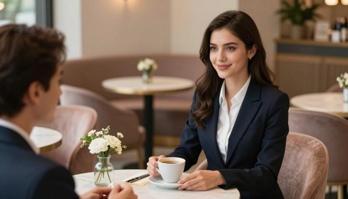 A sophisticated meeting scene featuring a stylish and elegant young woman in professional business attire, sitting at a cozy café table in Kestel. The foreground showcases her poised demeanor, with a warm smile as she holds a delicate cup of coffee. In the middle, a beautifully arranged table includes a small vase with fresh flowers and a stylish notepad. The background reveals an inviting café ambiance, with soft lighting, plush seating, and tasteful decor, creating a comfortable atmosphere for first experiences. The image should capture a sense of professionalism and warmth, highlighting the elite escort service's charm while ensuring the character is portrayed in a respectful and dignified manner. The angle should suggest intimacy and connection, inviting viewers into the moment. A sophisticated meeting scene featuring a stylish and elegant young woman in professional business attire, sitting at a cozy café table in Kestel. The foreground showcases her poised demeanor, with a warm smile as she holds a delicate cup of coffee. In the middle, a beautifully arranged table includes a small vase with fresh flowers and a stylish notepad. The background reveals an inviting café ambiance, with soft lighting, plush seating, and tasteful decor, creating a comfortable atmosphere for first experiences. The image should capture a sense of professionalism and warmth, highlighting the elite escort service's charm while ensuring the character is portrayed in a respectful and dignified manner. The angle should suggest intimacy and connection, inviting viewers into the moment.