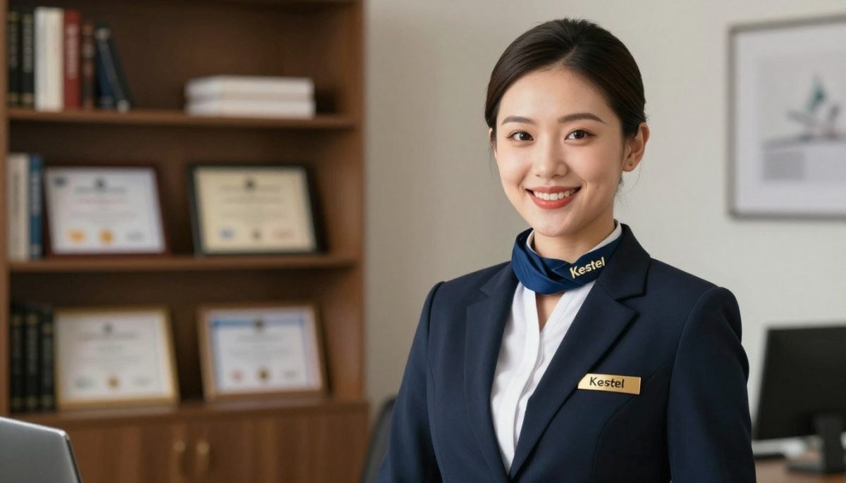 A sophisticated portrait of a Kestel escort, showcasing their skills and education in a professional context. In the foreground, feature a confident individual dressed in sharp business attire, embodying elegance and professionalism, with a warm smile that conveys approachability. In the middle ground, include an inviting office setting, with shelves filled with books and framed certificates highlighting their qualifications. The background should depict soft, ambient lighting that creates a safe and welcoming atmosphere. Use a shallow depth of field to blur the background slightly, focusing on the individual's engaging expression. The overall mood should feel empowering and respectful, emphasizing the dedication and expertise of Kestel escorts.