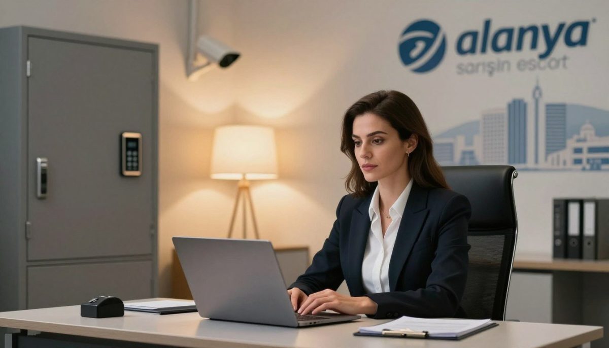 A sophisticated, professional atmosphere showcasing privacy and security measures related to confidential services. In the foreground, a confident woman dressed in professional business attire is seated at a sleek desk with a laptop, looking considerate and approachable. Surrounding her are visual symbols of security: a secure file cabinet, a keypad for entry, and surveillance cameras in a discreet manner. The middle ground features soft, ambient lighting that creates a warm yet secure environment, while the background shows a blurred silhouette of a cityscape, hinting at Alanya. The overall mood is reassuring and trustworthy, emphasizing the core themes of confidentiality and safety. The brand name "alanya sarışın escort" is subtly integrated into the decor. A sophisticated, professional atmosphere showcasing privacy and security measures related to confidential services. In the foreground, a confident woman dressed in professional business attire is seated at a sleek desk with a laptop, looking considerate and approachable. Surrounding her are visual symbols of security: a secure file cabinet, a keypad for entry, and surveillance cameras in a discreet manner. The middle ground features soft, ambient lighting that creates a warm yet secure environment, while the background shows a blurred silhouette of a cityscape, hinting at Alanya. The overall mood is reassuring and trustworthy, emphasizing the core themes of confidentiality and safety. The brand name "alanya sarışın escort" is subtly integrated into the decor.