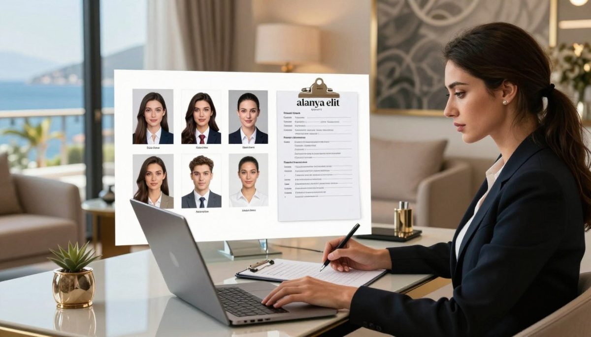 A sophisticated review of a professional escort agency, focusing on the brand "alanya elit escort." In the foreground, a well-dressed businesswoman sitting at an elegant desk, surrounded by tasteful decor while evaluating profiles on her laptop. In the middle, showcase a neatly organized selection of professional headshots, resumes, and a clipboard with checklists, symbolizing the selection process. The background features a softly lit office environment with stylish furnishings and a coastal view of Alanya outside the window, reflecting luxury and professionalism. The mood is serious yet opulent, with soft ambient lighting accentuating clarity. Capture the essence of professionalism and safety in the escort selection experience.