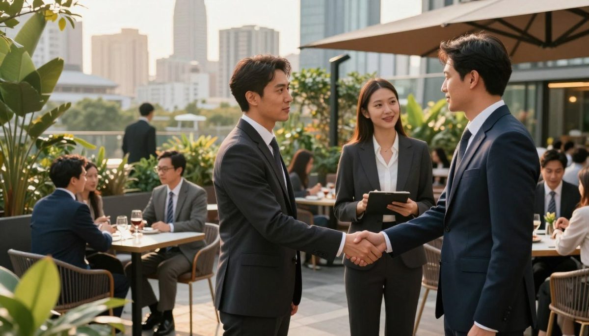 A sophisticated scene depicting social interactions in a modern urban environment, featuring a group of elegantly dressed individuals engaging in conversation. In the foreground, two professional figures in tailored business attire are shaking hands, showcasing trust and connection. The middle ground features a stylish café terrace bustling with people, while lush greenery surrounds the area, adding a touch of nature. In the background, a city skyline glimmers under the warm golden hour lighting, enhancing the overall atmosphere of camaraderie and quality service. The scene is captured from a slightly elevated angle, highlighting the vibrant interactions while maintaining an inviting and respectful mood. A sophisticated scene depicting social interactions in a modern urban environment, featuring a group of elegantly dressed individuals engaging in conversation. In the foreground, two professional figures in tailored business attire are shaking hands, showcasing trust and connection. The middle ground features a stylish café terrace bustling with people, while lush greenery surrounds the area, adding a touch of nature. In the background, a city skyline glimmers under the warm golden hour lighting, enhancing the overall atmosphere of camaraderie and quality service. The scene is captured from a slightly elevated angle, highlighting the vibrant interactions while maintaining an inviting and respectful mood.