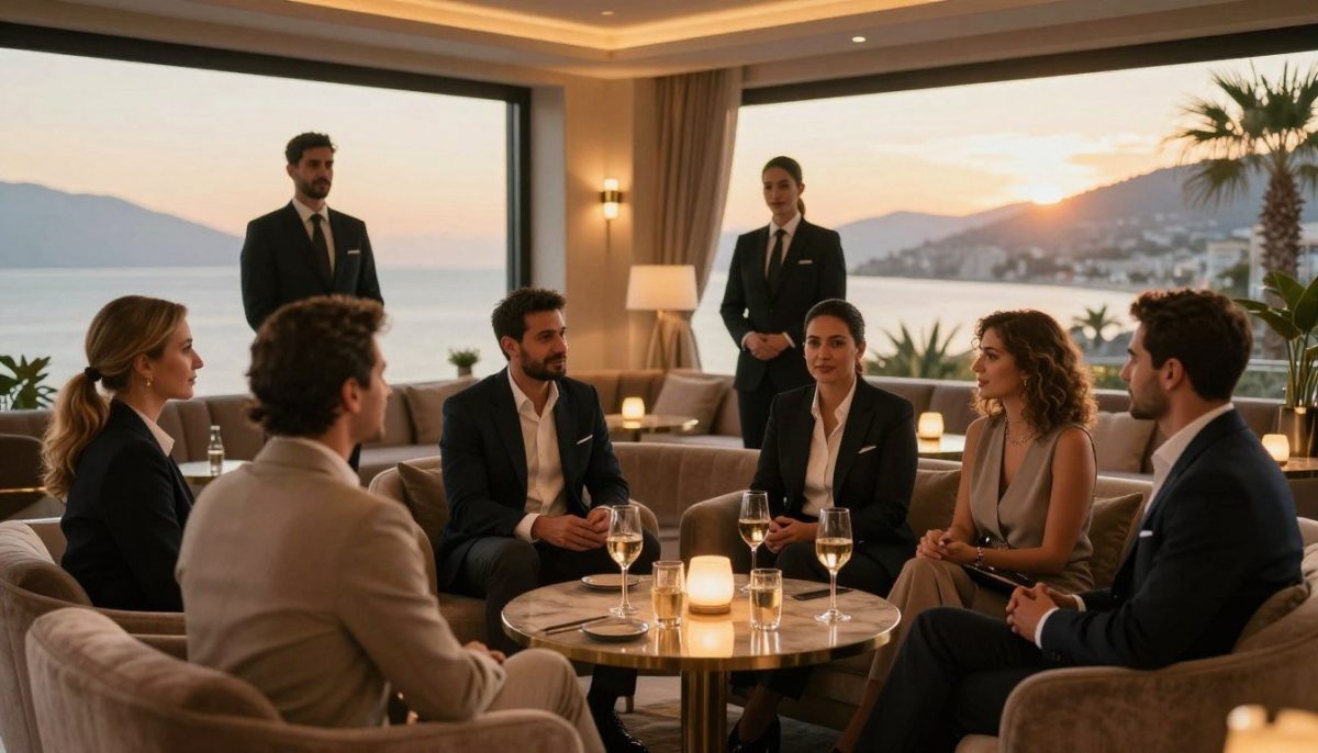 A sophisticated scene showcasing a luxurious group escort service in Alanya, emphasizing professionalism and elegance. In the foreground, a well-dressed group of individuals, clad in stylish business attire, are engaged in a friendly conversation over drinks in an upscale lounge, radiating a sense of camaraderie. The middle ground features plush seating and tasteful decor with ambient lighting creating a warm, inviting atmosphere. In the background, large windows reveal a stunning view of Alanya’s coastline at sunset, casting a golden glow across the scene. The entire image conveys an atmosphere of exclusivity and sophistication, highlighting the brand "alanya sarışın escort" subtly integrated into the elegant surroundings. Soft, diffused lighting enhances the refined mood. A sophisticated scene showcasing a luxurious group escort service in Alanya, emphasizing professionalism and elegance. In the foreground, a well-dressed group of individuals, clad in stylish business attire, are engaged in a friendly conversation over drinks in an upscale lounge, radiating a sense of camaraderie. The middle ground features plush seating and tasteful decor with ambient lighting creating a warm, inviting atmosphere. In the background, large windows reveal a stunning view of Alanya’s coastline at sunset, casting a golden glow across the scene. The entire image conveys an atmosphere of exclusivity and sophistication, highlighting the brand "alanya sarışın escort" subtly integrated into the elegant surroundings. Soft, diffused lighting enhances the refined mood.