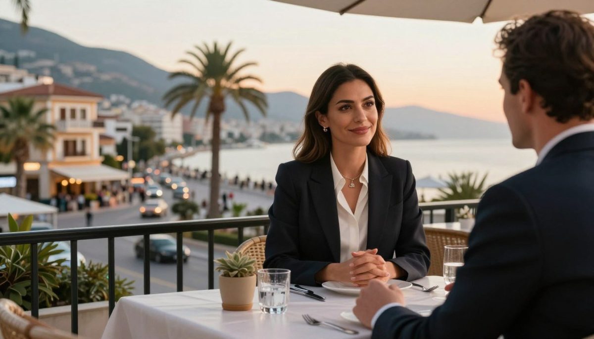 A sophisticated scene that captures the essence of elegant companionship in Alanya. In the foreground, a poised woman dressed in professional business attire, exuding confidence and grace, sits at a beautifully set café table with a view of the vibrant streets of Alanya. She has a friendly yet professional demeanor, engaging in conversation with an unseen companion. The middle ground features the bustling city atmosphere with charming Mediterranean architecture and palm trees, symbolizing the upscale lifestyle. In the background, soft sunset lighting bathes the scene, creating a warm and inviting ambiance. Use a shallow depth of field to create a slight blur on the background, focusing on the subject while keeping the mood sophisticated and inviting. Include subtle branding elements hinting at "alanya elit escort" in a tasteful manner.