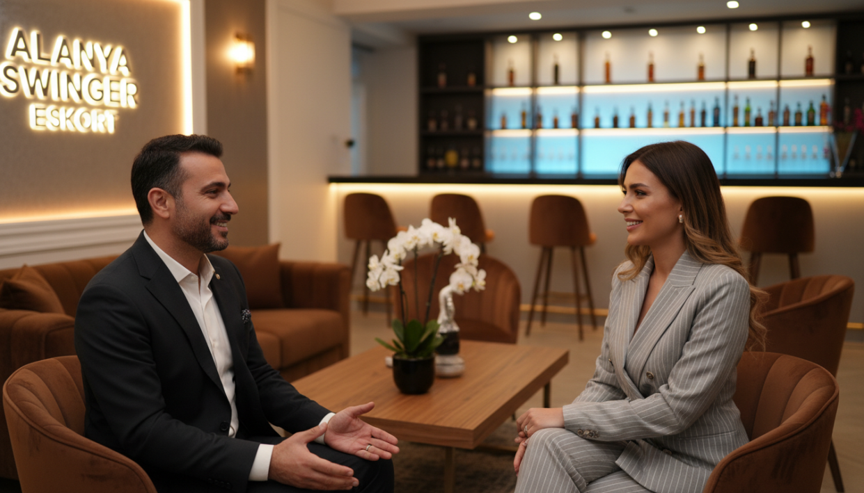 A sophisticated, upscale setting that showcases a professional escort service, focusing on "alanya swinger eskort". The foreground features a well-dressed male and female companion, both in elegant business attire, engaging in a friendly conversation with warm smiles. In the middle ground, a stylish lounge environment with plush seating, tastefully arranged decor, and soft ambient lighting creates an inviting and intimate atmosphere. The background includes a bar area with subtle, dimmed lighting, enhancing the sense of exclusivity and comfort. The scene is captured with a shallow depth of field, framing the companions in sharp focus while softly blurring the background. The overall mood is elegant, sophisticated, and professional, emphasizing ethical and legal companionship services.