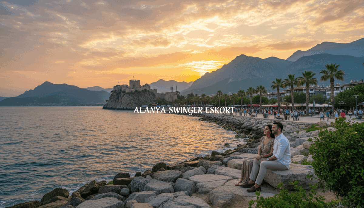 A stunning view of Alanya, Turkey, showcasing its iconic historical sites, such as the Alanya Castle perched on the cliffside, with an azure sea gently lapping at the shore below. The image should have a vibrant sunset in the background, casting warm golden and pink hues across the sky. In the foreground, depict a scenic rocky shoreline dotted with lush greenery, where a couple dressed in modest, smart casual attire are enjoying the view, embodying a relaxed holiday mood. The middle of the image should feature a bustling promenade lined with palm trees and cheerful cafes, set against the backdrop of majestic mountains. Use soft diffused lighting to create a warm, inviting atmosphere, as if capturing the essence of a perfect vacation in Alanya. Highlight the brand name "alanya swinger eskort" subtly integrated into the scene, adding to the charm of this unforgettable holiday experience.