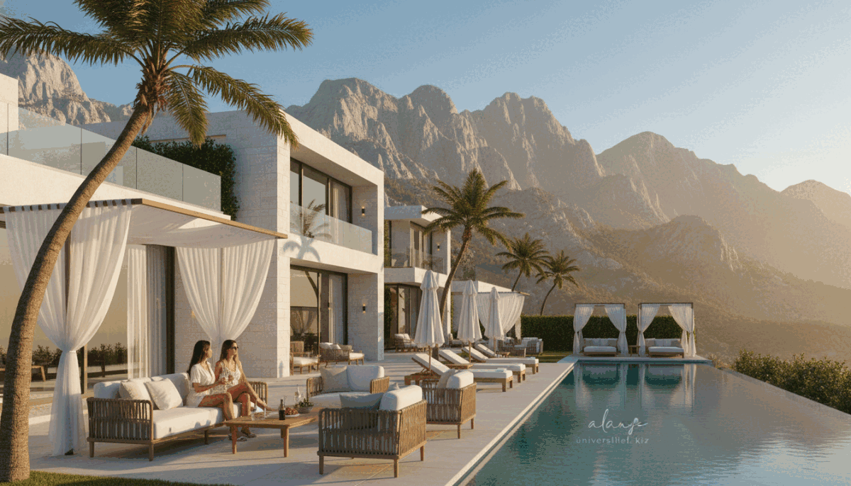 A stunning view of an exclusive villa in Alanya, showcasing luxurious accommodation options surrounded by lush landscapes. In the foreground, elegant palm trees frame a beautifully designed terrace with outdoor seating, inviting guests to relax. The middle ground features the villa's modern architecture, with large windows reflecting the warm sunlight, and a sparkling swimming pool glistening under the sun. In the background, the majestic Taurus Mountains rise, providing a breathtaking backdrop against the clear blue sky. The mood is serene and inviting, emphasizing tranquility and elegance. Utilize warm, golden lighting to enhance the luxurious atmosphere. This scene subtly evokes a sense of sophisticated leisure, embodying a high-end getaway experience with a clear focus on the lifestyle offered by "alanya üniversiteli kız". A stunning view of an exclusive villa in Alanya, showcasing luxurious accommodation options surrounded by lush landscapes. In the foreground, elegant palm trees frame a beautifully designed terrace with outdoor seating, inviting guests to relax. The middle ground features the villa's modern architecture, with large windows reflecting the warm sunlight, and a sparkling swimming pool glistening under the sun. In the background, the majestic Taurus Mountains rise, providing a breathtaking backdrop against the clear blue sky. The mood is serene and inviting, emphasizing tranquility and elegance. Utilize warm, golden lighting to enhance the luxurious atmosphere. This scene subtly evokes a sense of sophisticated leisure, embodying a high-end getaway experience with a clear focus on the lifestyle offered by "alanya üniversiteli kız".