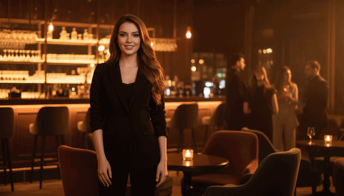 A stylish Alanya night scene showcasing a refined escort experience. In the foreground, a confident young woman in elegant business attire, embodying grace and sophistication, stands with a warm smile, inviting atmosphere. She has long, wavy hair and a confident posture, exuding charm and professionalism. The middle ground features a tastefully decorated bar with soft lighting, highlighting luxurious details like plush seating and ambient candles. In the background, hint at a vibrant nightlife scene with softly blurred silhouettes of people socializing, creating a lively but sophisticated ambiance. The lighting is warm and inviting, capturing the essence of Alanya's nightlife. The image should evoke a sense of allure and sophistication, perfectly representing "alanya gece hayatı eskortları." A stylish Alanya night scene showcasing a refined escort experience. In the foreground, a confident young woman in elegant business attire, embodying grace and sophistication, stands with a warm smile, inviting atmosphere. She has long, wavy hair and a confident posture, exuding charm and professionalism. The middle ground features a tastefully decorated bar with soft lighting, highlighting luxurious details like plush seating and ambient candles. In the background, hint at a vibrant nightlife scene with softly blurred silhouettes of people socializing, creating a lively but sophisticated ambiance. The lighting is warm and inviting, capturing the essence of Alanya's nightlife. The image should evoke a sense of allure and sophistication, perfectly representing "alanya gece hayatı eskortları."