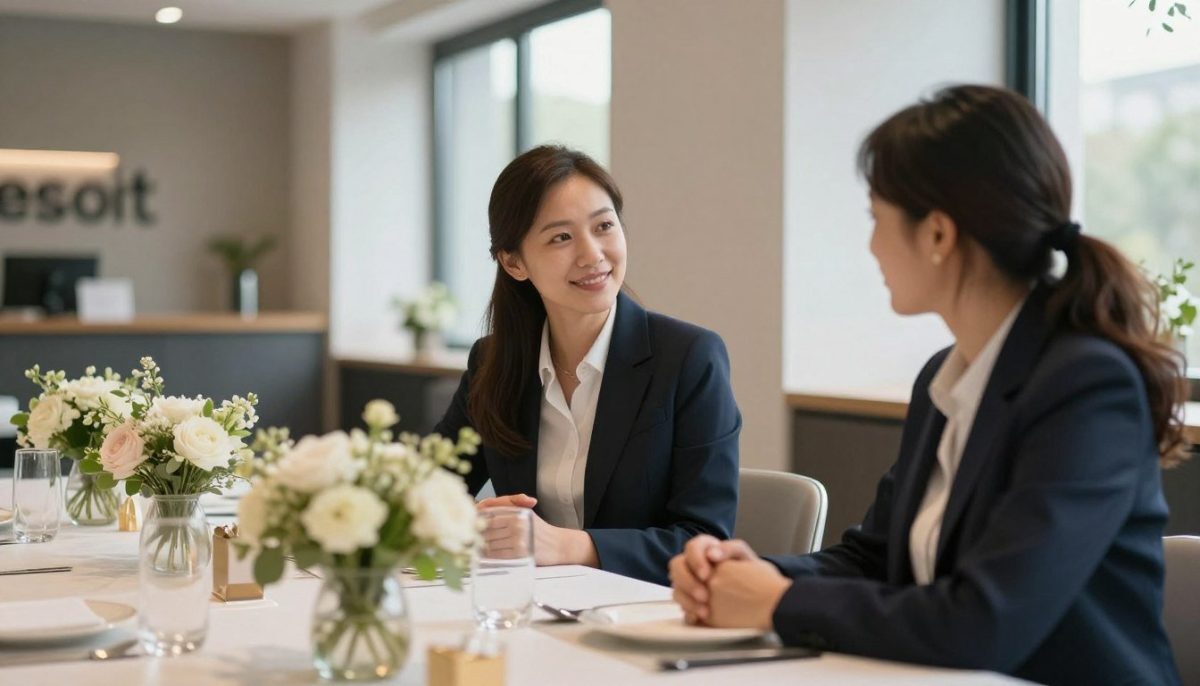 A stylish and serene scene set in Kestel, showcasing an elegant meeting space that exudes professionalism. In the foreground, a beautifully arranged table with fresh flowers and tasteful decor, suggesting a welcoming environment for discerning clients. In the middle ground, a pair of individuals dressed in smart business attire are engaged in conversation, conveying trust and professionalism. The background features a tasteful, modern interior with large windows allowing natural light to flood in, casting soft shadows that enhance the inviting atmosphere. The overall mood is sophisticated and reassuring, perfectly reflecting the essence of "escort" services in Kestel, where quality and reliability are paramount. Shot with a soft focus lens to evoke warmth and openness, capturing a moment that symbolizes connection and companionship.